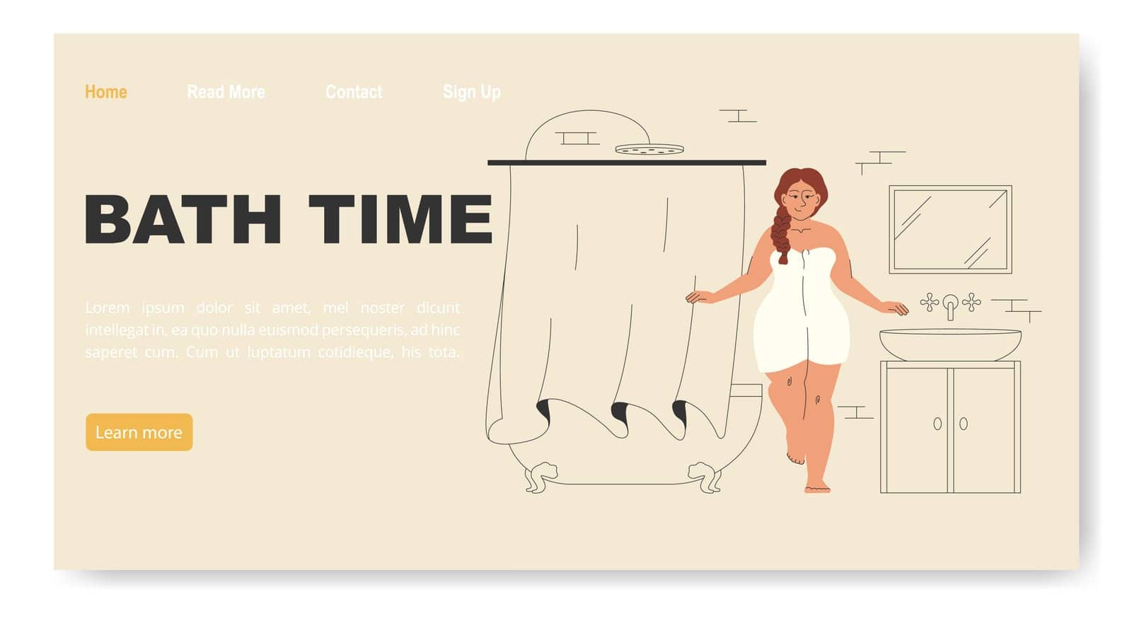 Bath time concept of landing page with girl bathtub. Plump female character washes with bubbles by _Nataly_Nati_
