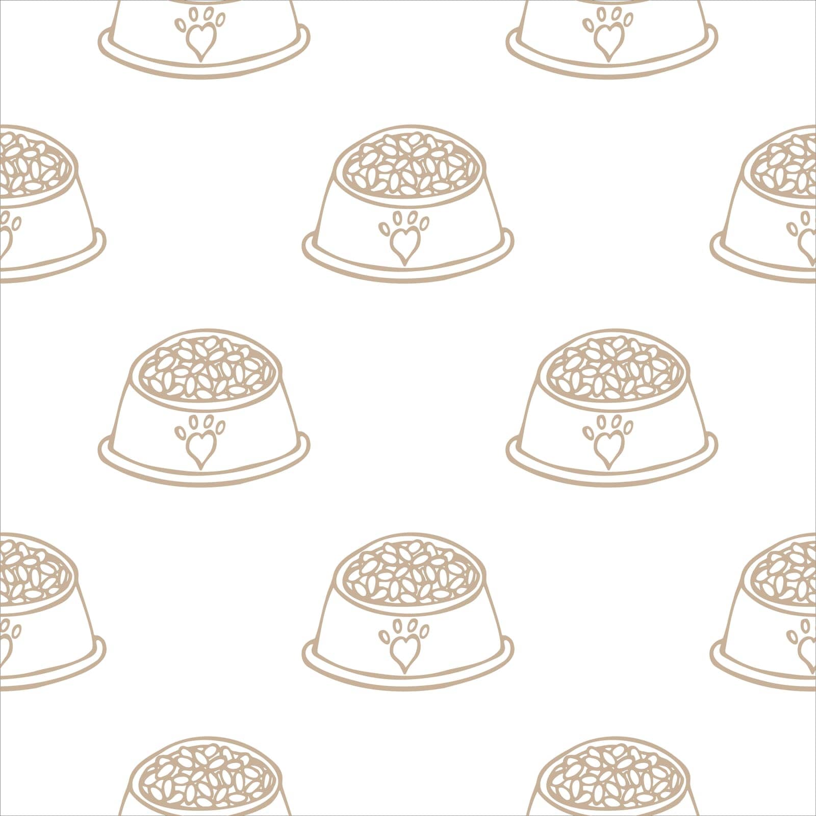 Seamless pattern with bowls with dry pet food. Background with a full bowl of food for a dog, cat, hand drawn in doodle style. For wallpaper, background, wrapping paper, fabric. Vector illustration.