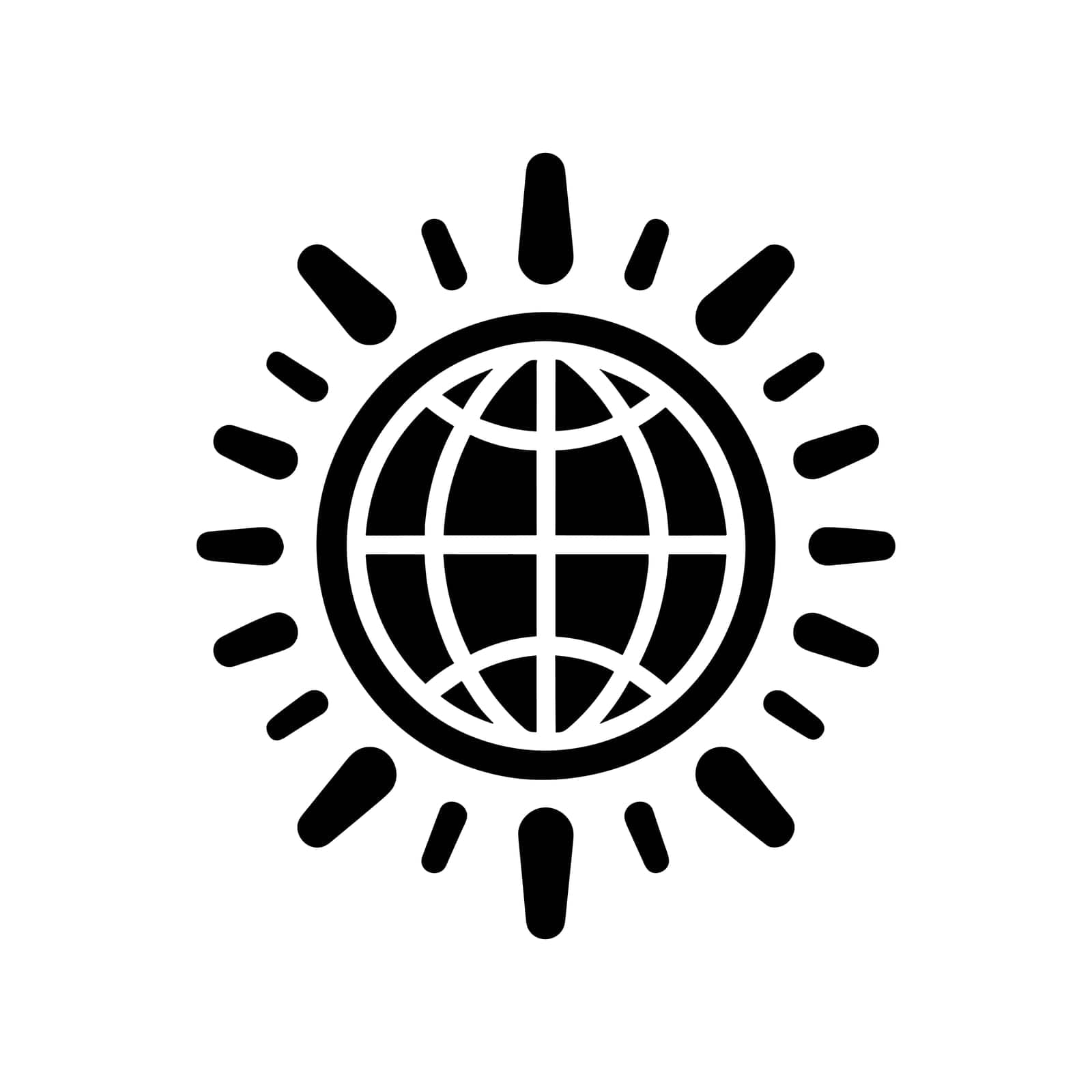 Black Globe icon with sun rays. Global warming or climate change concept. Globe icon. Vector illustration