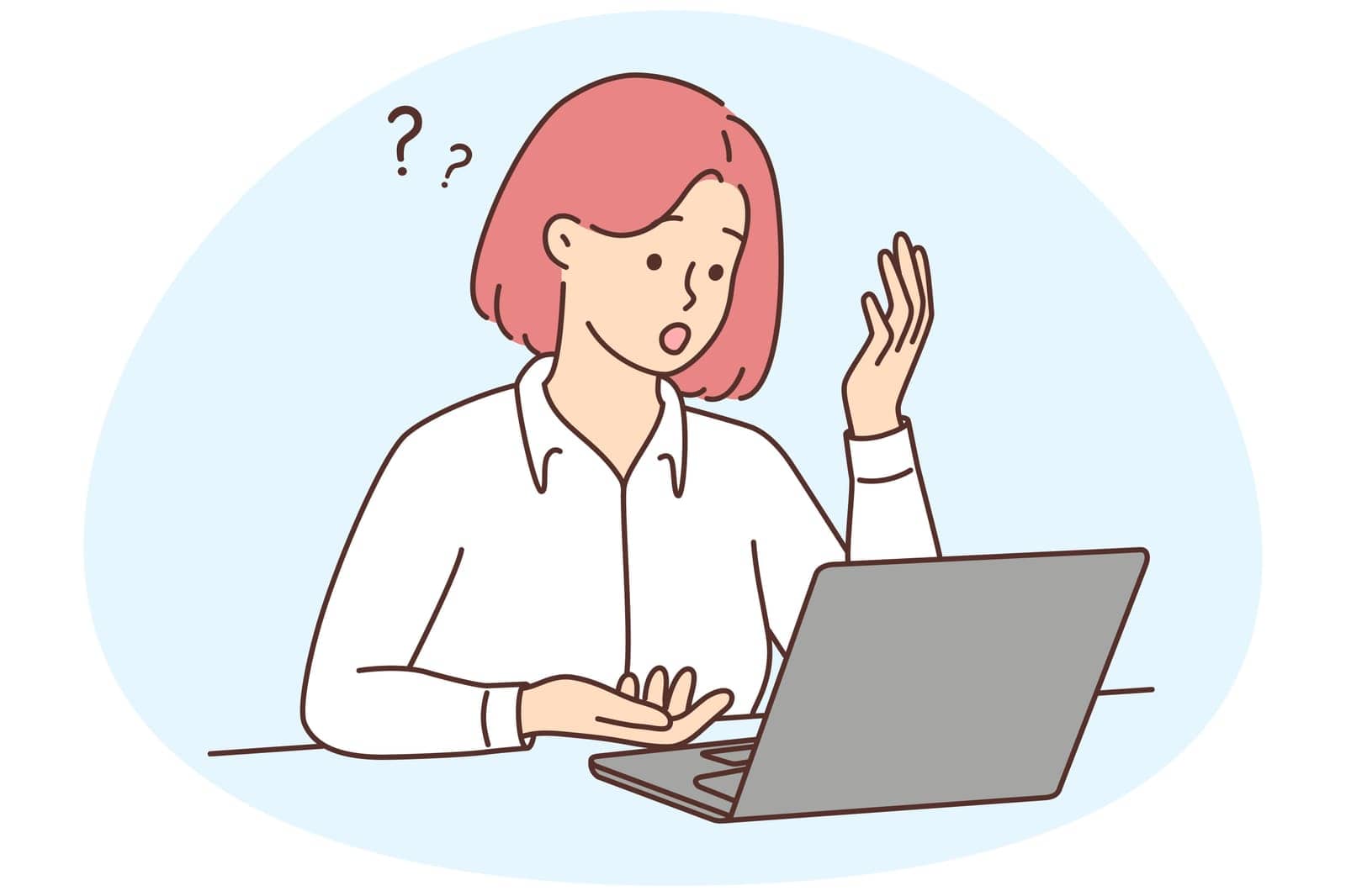 Frustrated woman look at laptop screen shocked with online problem. Unhappy female confused with unexpected notification on computer. Vector illustration.