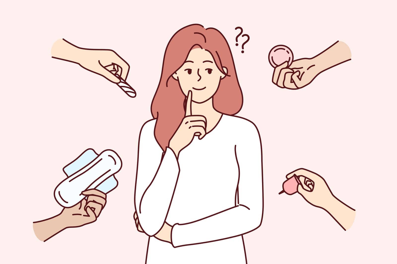 Woman stands among disposable and reusable feminine hygiene products and tries to make choice. Thoughtful girl near hands with pad or tampon and other hygiene items that relieve discomfort
