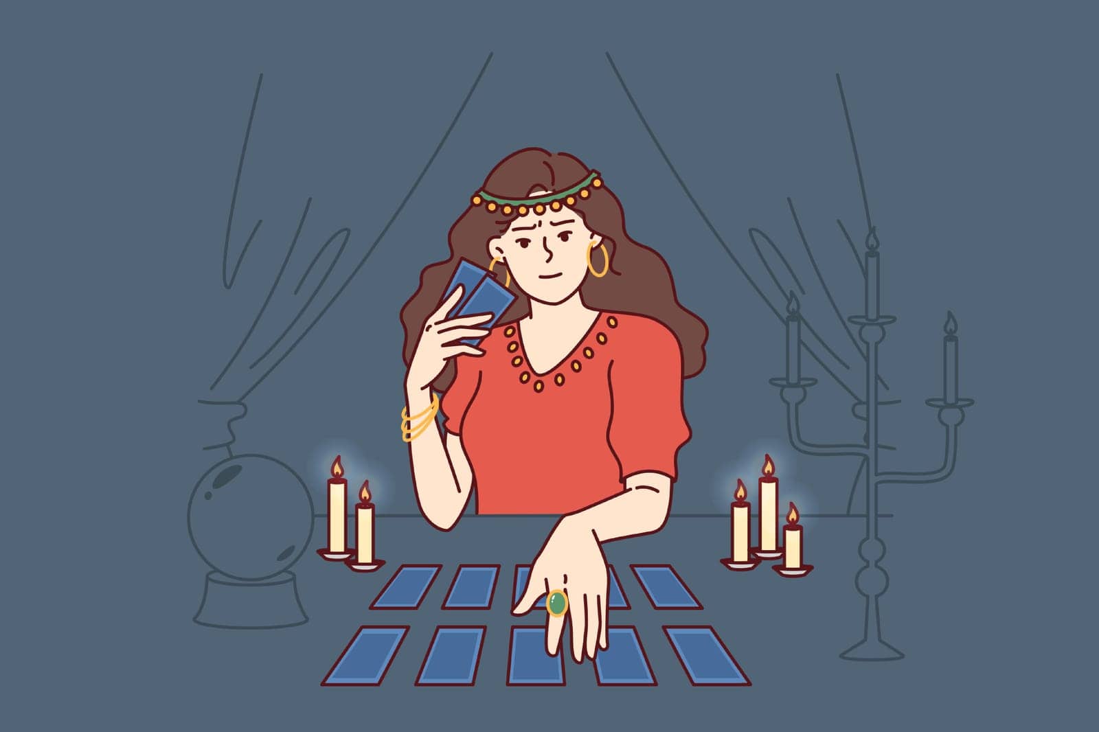Soothsayer woman holds tarot cards predicting future and performing magical ritual to bewitch betrothed. Soothsayer girl sits at table with candles and mysterious ball for communicating with spirits