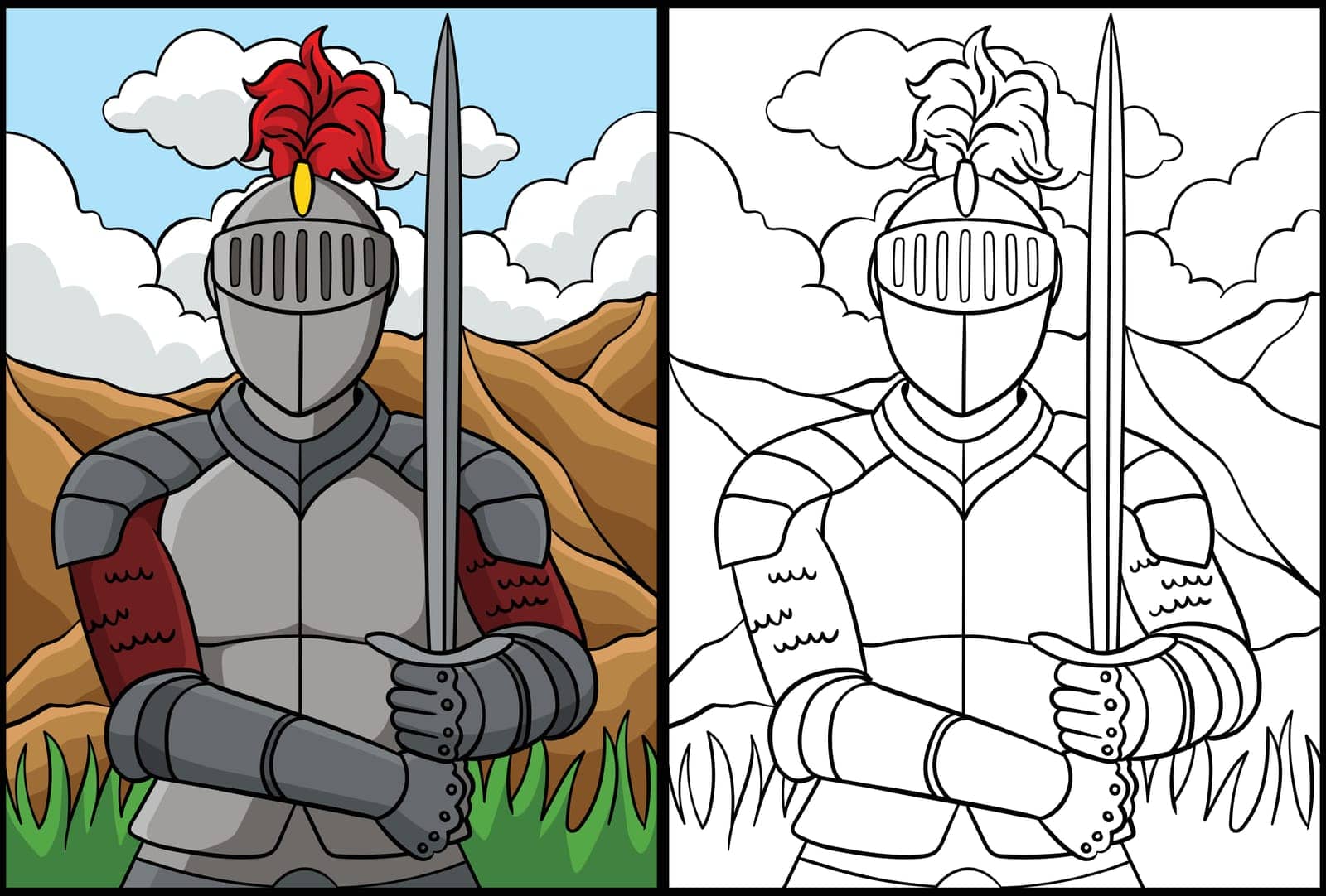 This coloring page shows a Knight in Armor. One side of this illustration is colored and serves as an inspiration for children.