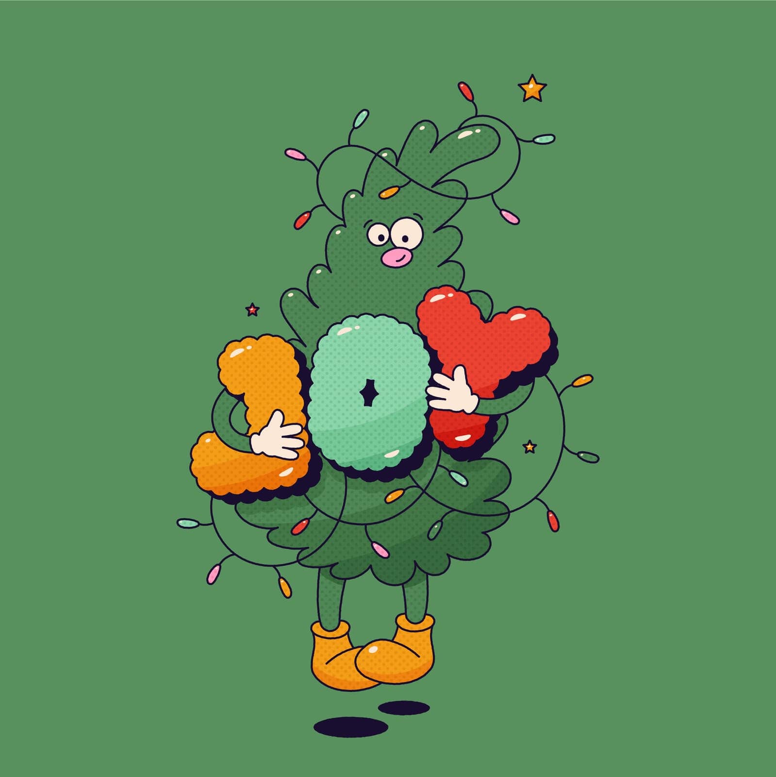 Christmas groovy mascot tree character with letters Joy and garland on green background.