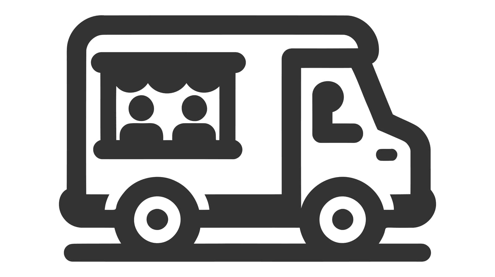 Street food truck icon template. Vector line trade van illustration. Mobile cafe car logo background. Festival shop transport to cook and sell meals