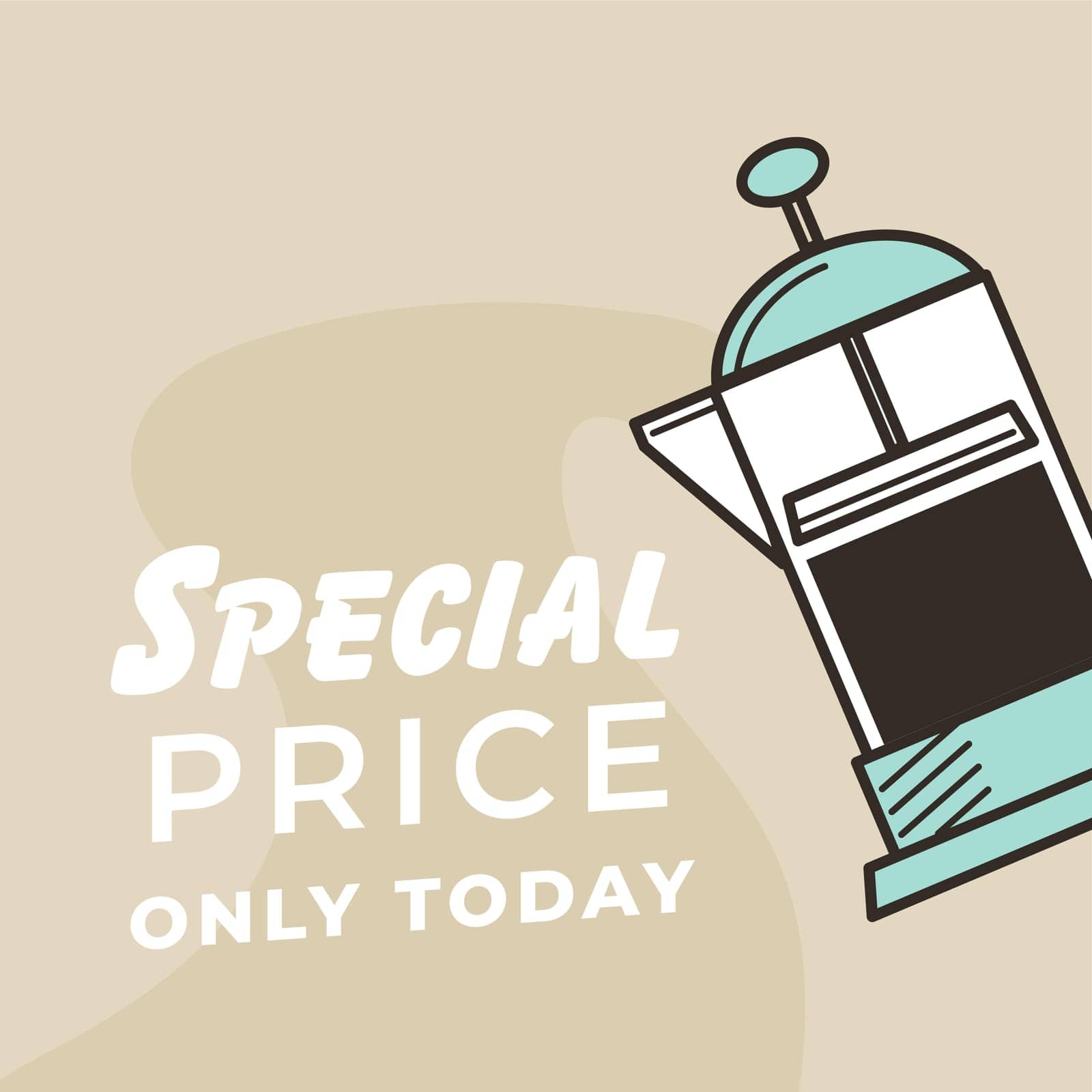 French press flavorful coffee with special price only today. Great choice for clients enjoying robust and aromatic caffeine beverage. Promotional banner or cafe advertisement, vector in flat style