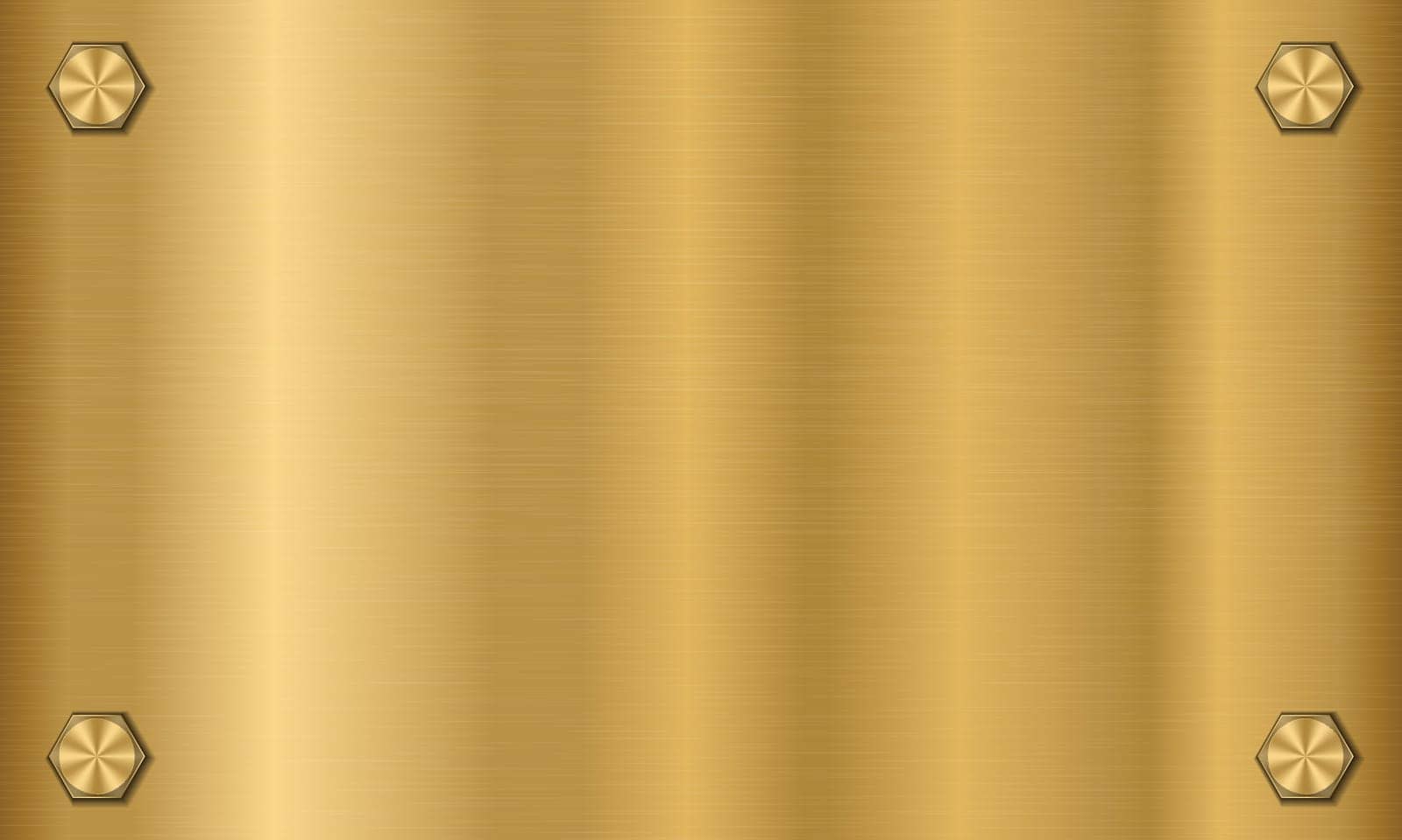 Golden metal texture background with bolts. Gold plate with bolts. Metallic texture effect. Steel background. Vector illustration