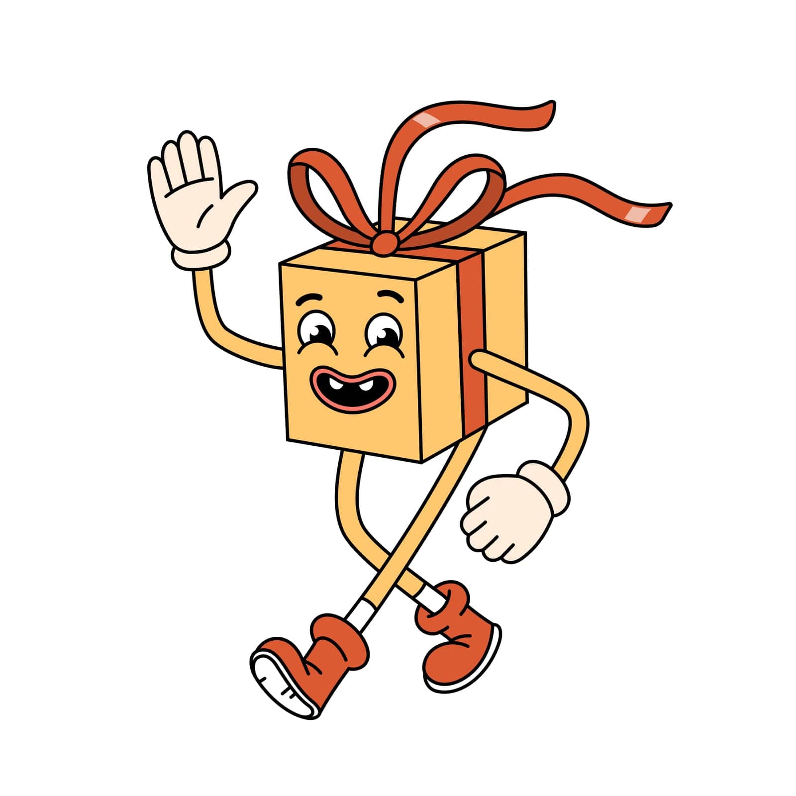 Groovy Christmas gift box character waving hand. Retro groovy cartoon character in doodle style. Vector illustration isolated on white.