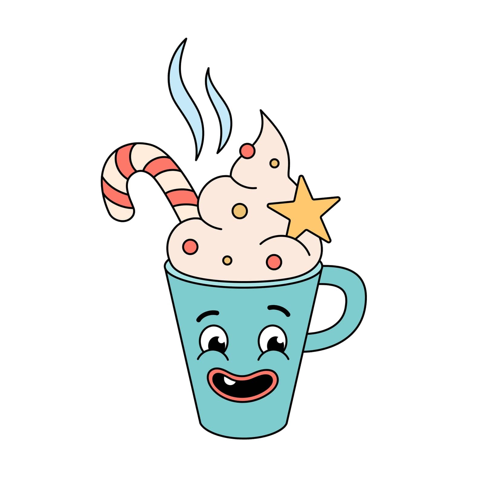 Groovy Christmas drink character. Retro groovy cartoon character in doodle style. Mug with candy cane, whipped cream, hot beverage. Vector illustration isolated on white. Christmas greeting card.