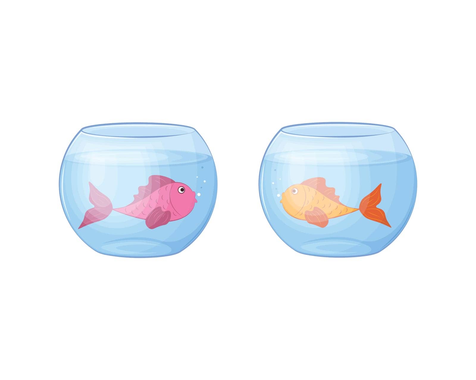 Fish in the aquarium. Two fish in aquariums. Pink and gold fish in a round aquarium. Vector illustration isolated on a white background.