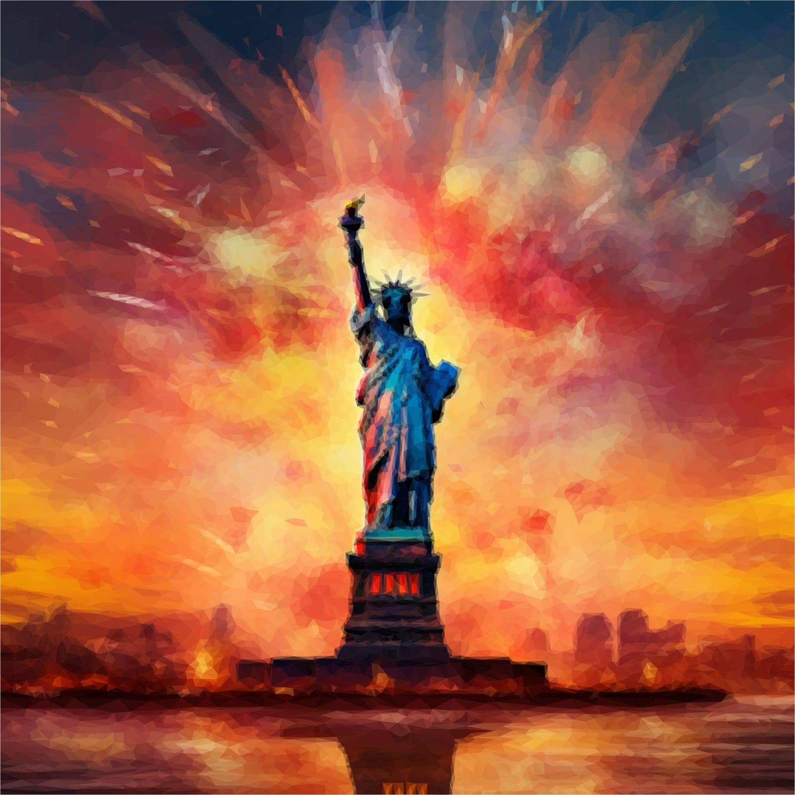 The Statue of Liberty in front of the night festive fireworks in honor of the US Independence Day. Vector illustration