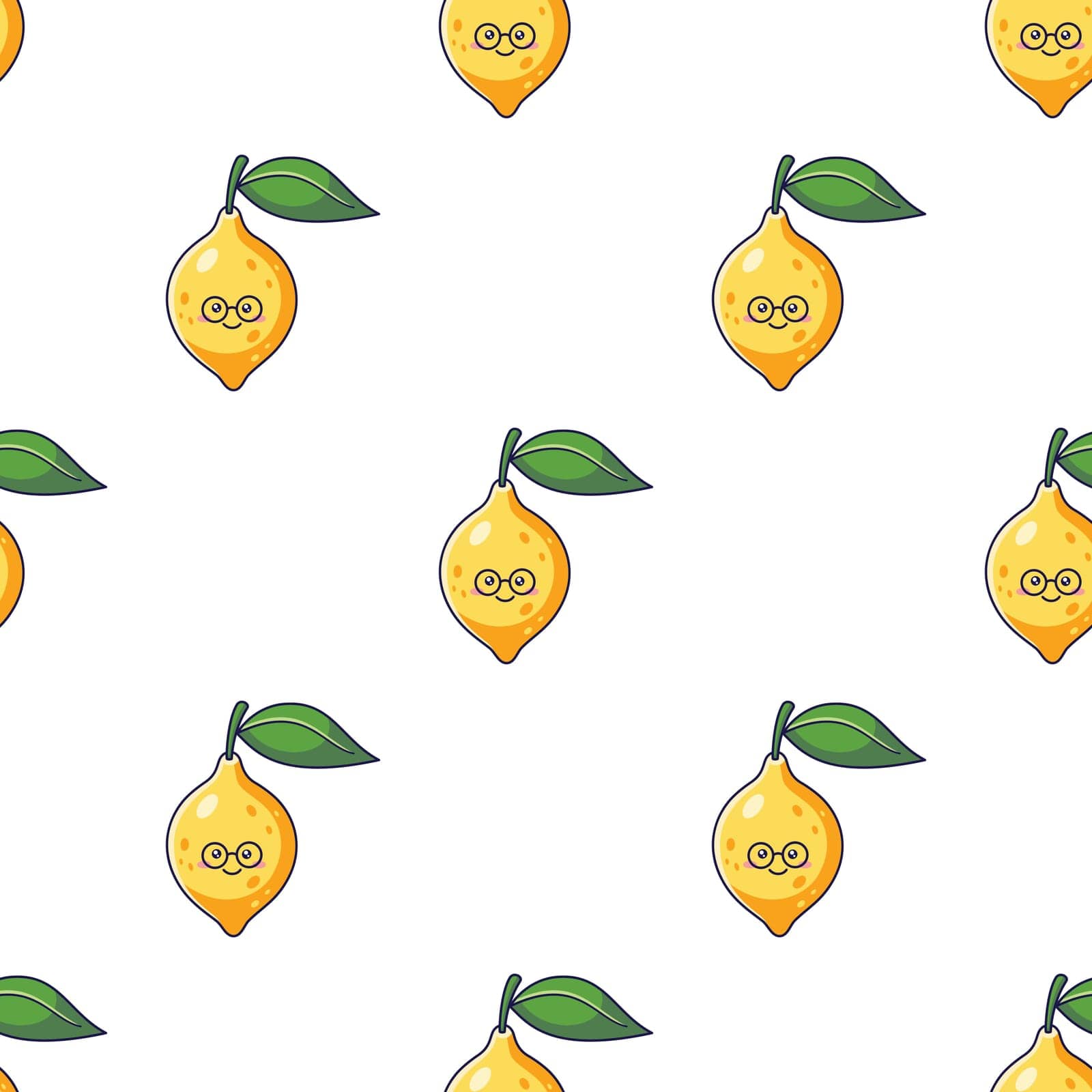 Cute Kawaii Lemon character with glasses seamless pattern. Vector hand drawn illustration. Lemon character in doodle style. Isolated on white background. Shy nerd lemon character texture, textile.