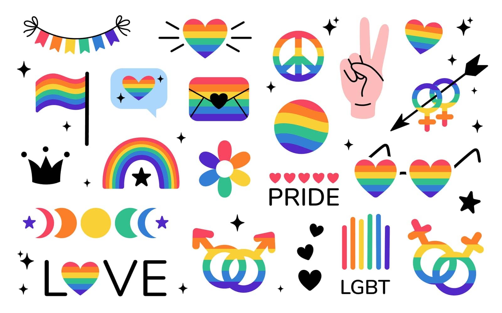 LGBT stickers pack in doodle style. LGBTQ set. LGBT pride community Symbols. Rainbow colored elements. Vector illustration isolated on white background.
