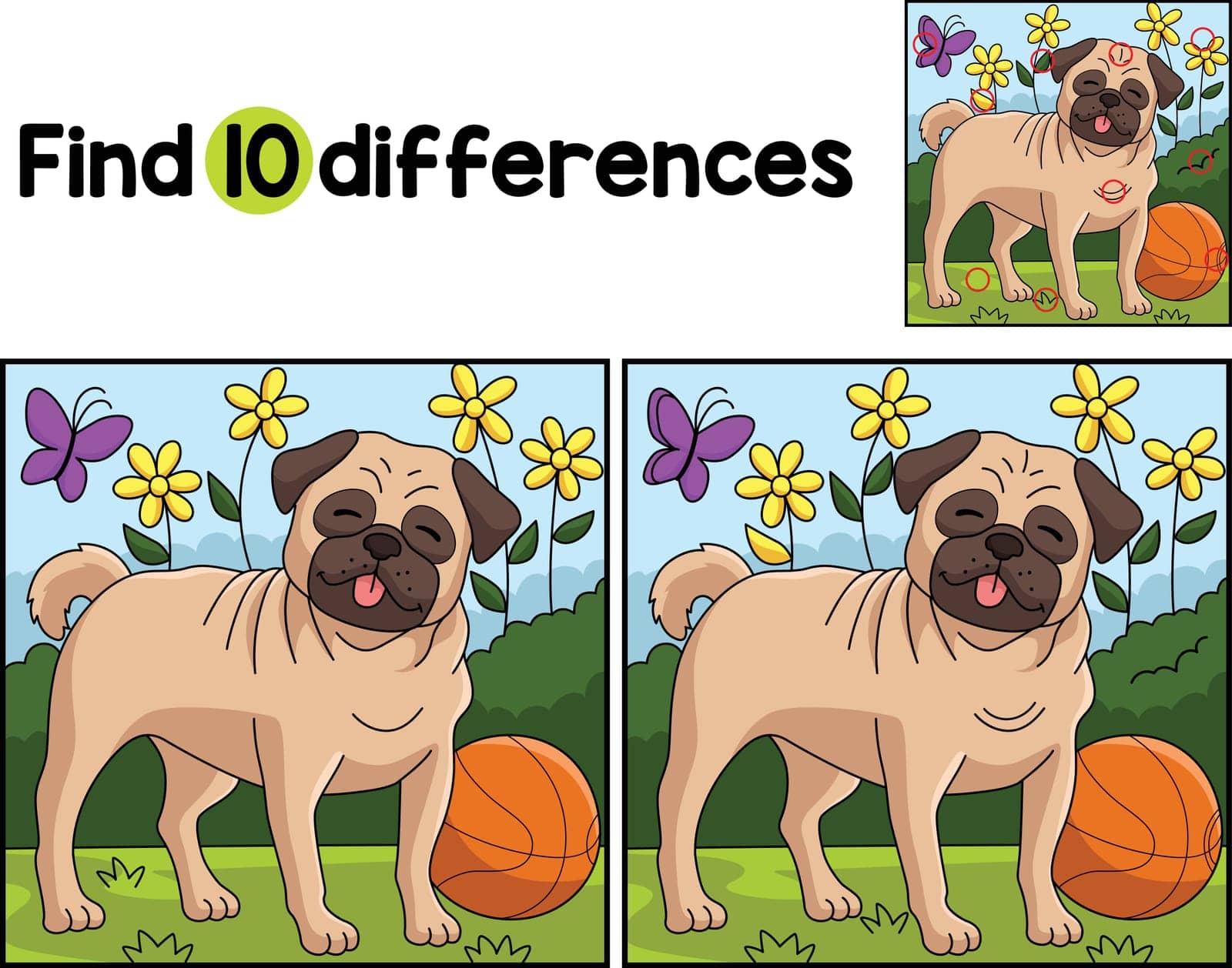Find or spot the differences on this Pug Dog Kids activity page. It is a funny and educational puzzle-matching game for children.