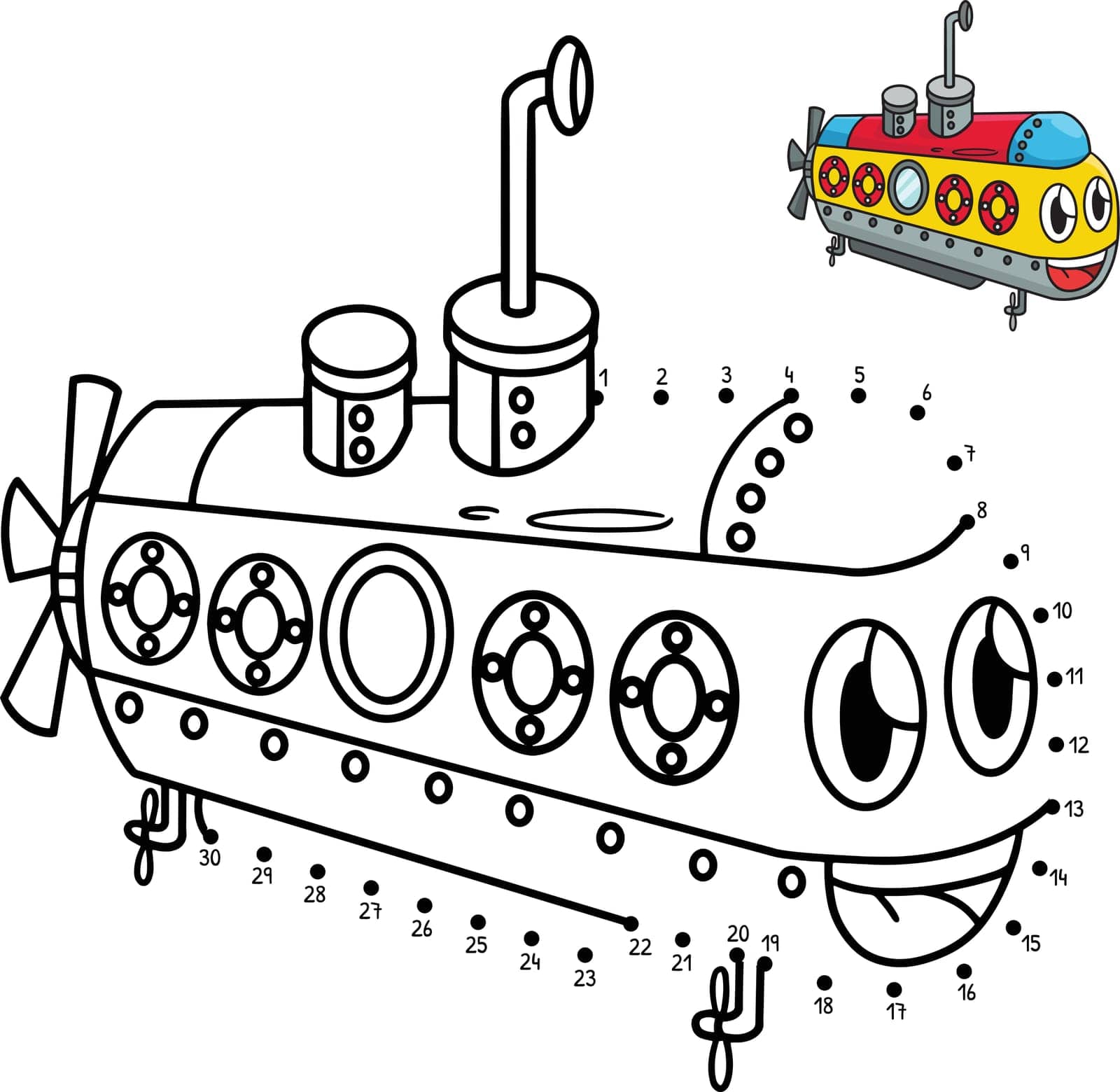Dot to Dot Submarine Vehicle Isolated Coloring by abbydesign