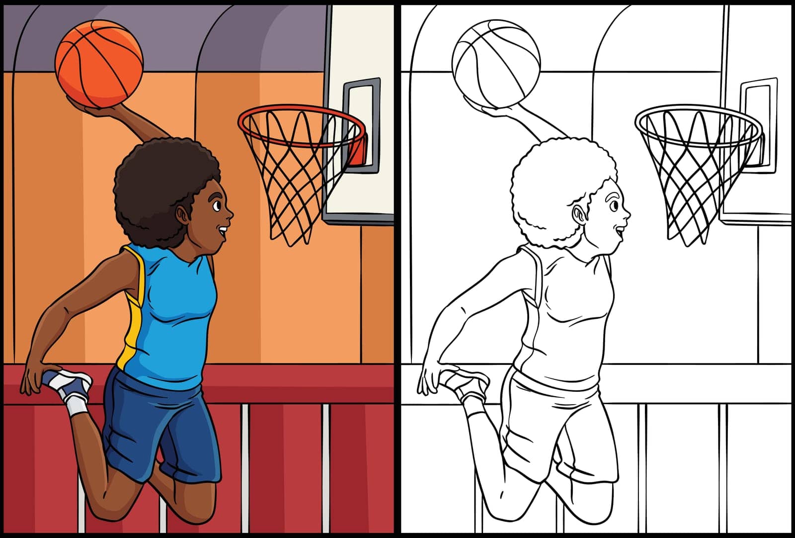 This coloring page shows a Basketball Girl Slam Dunk. One side of this illustration is colored and serves as an inspiration for children.