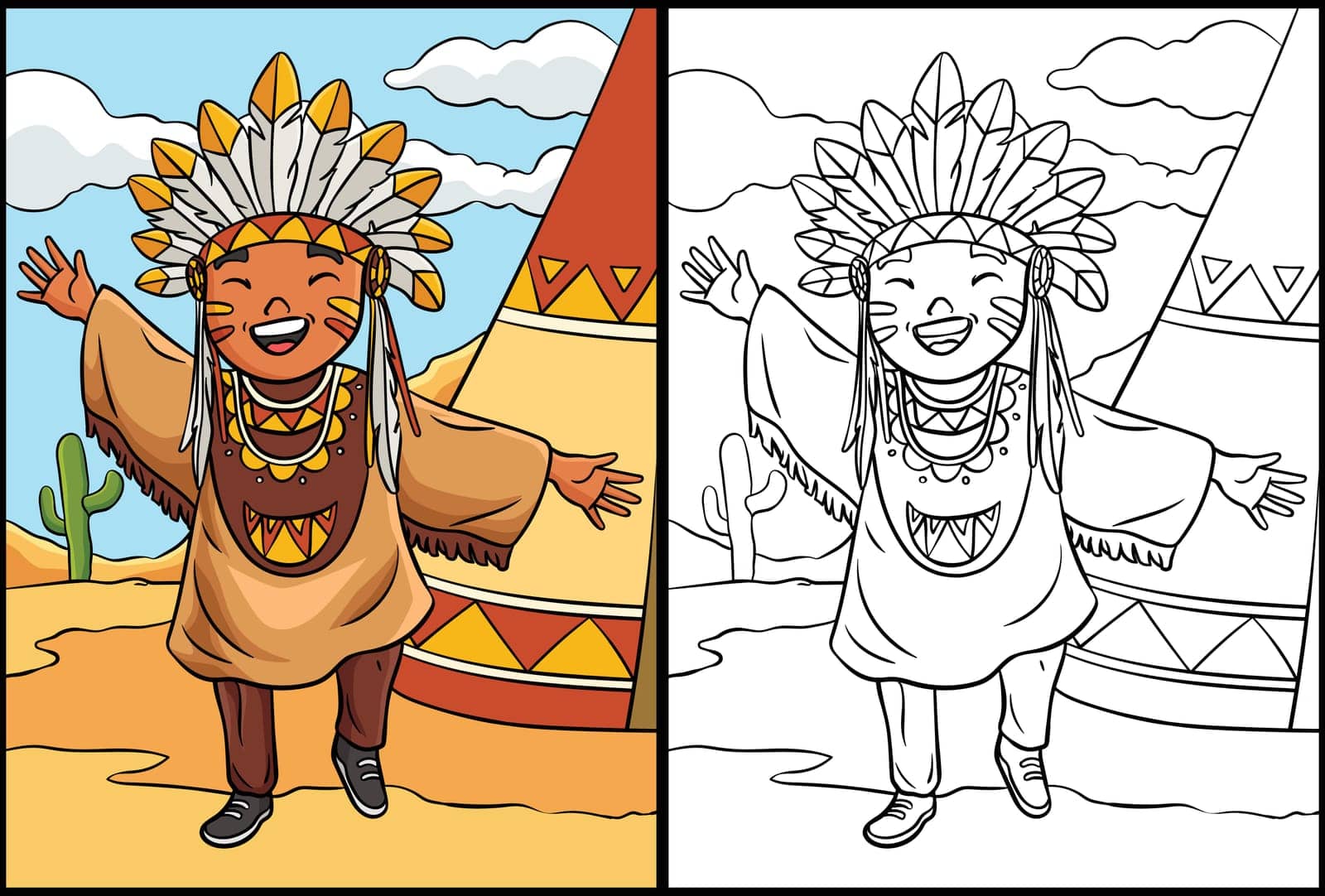 This coloring page shows a Happy Native American Indian Girl. One side of this illustration is colored and serves as an inspiration for children.