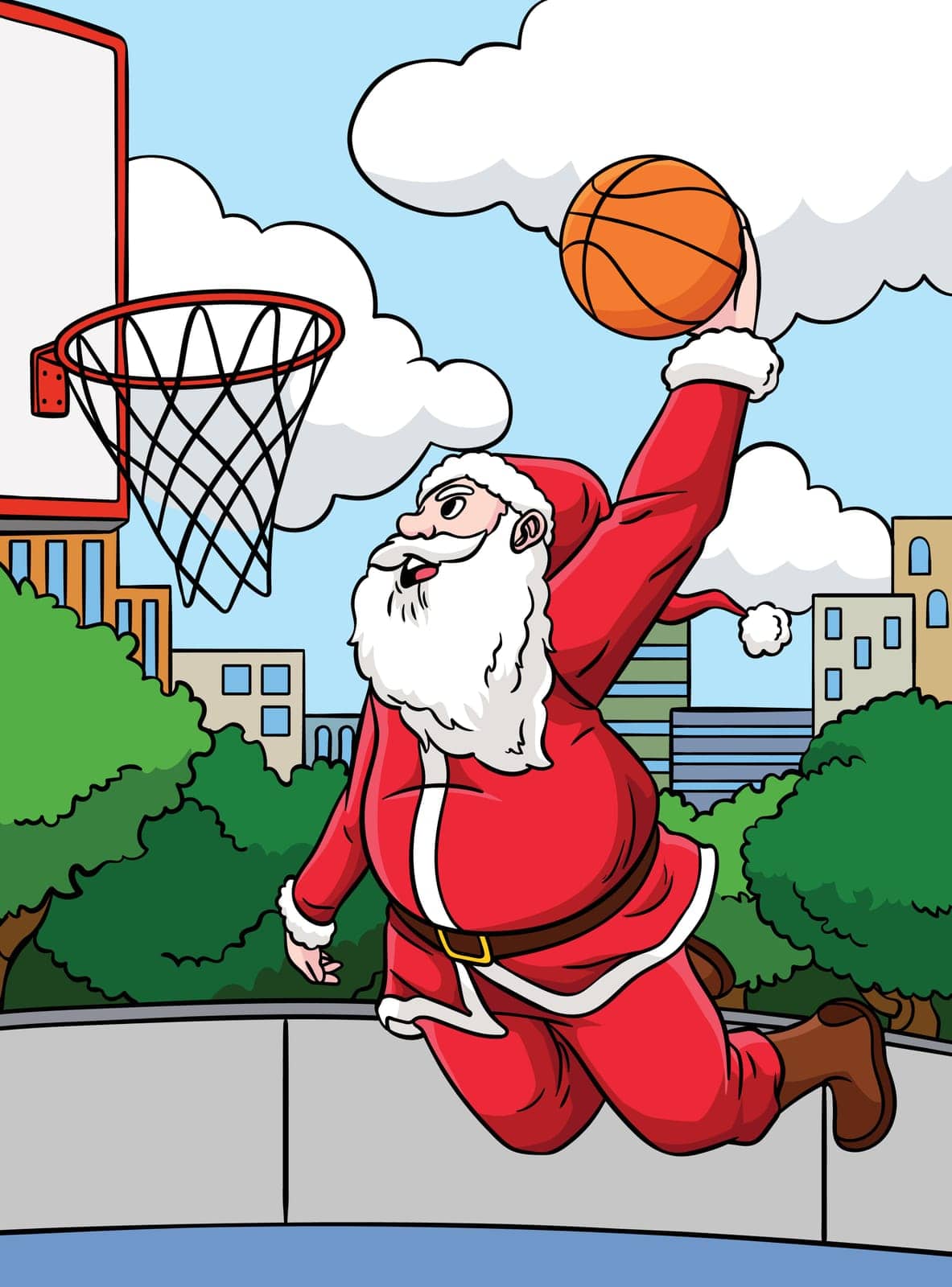 This cartoon clipart shows a Basketball Santa Slam Dunk illustration.