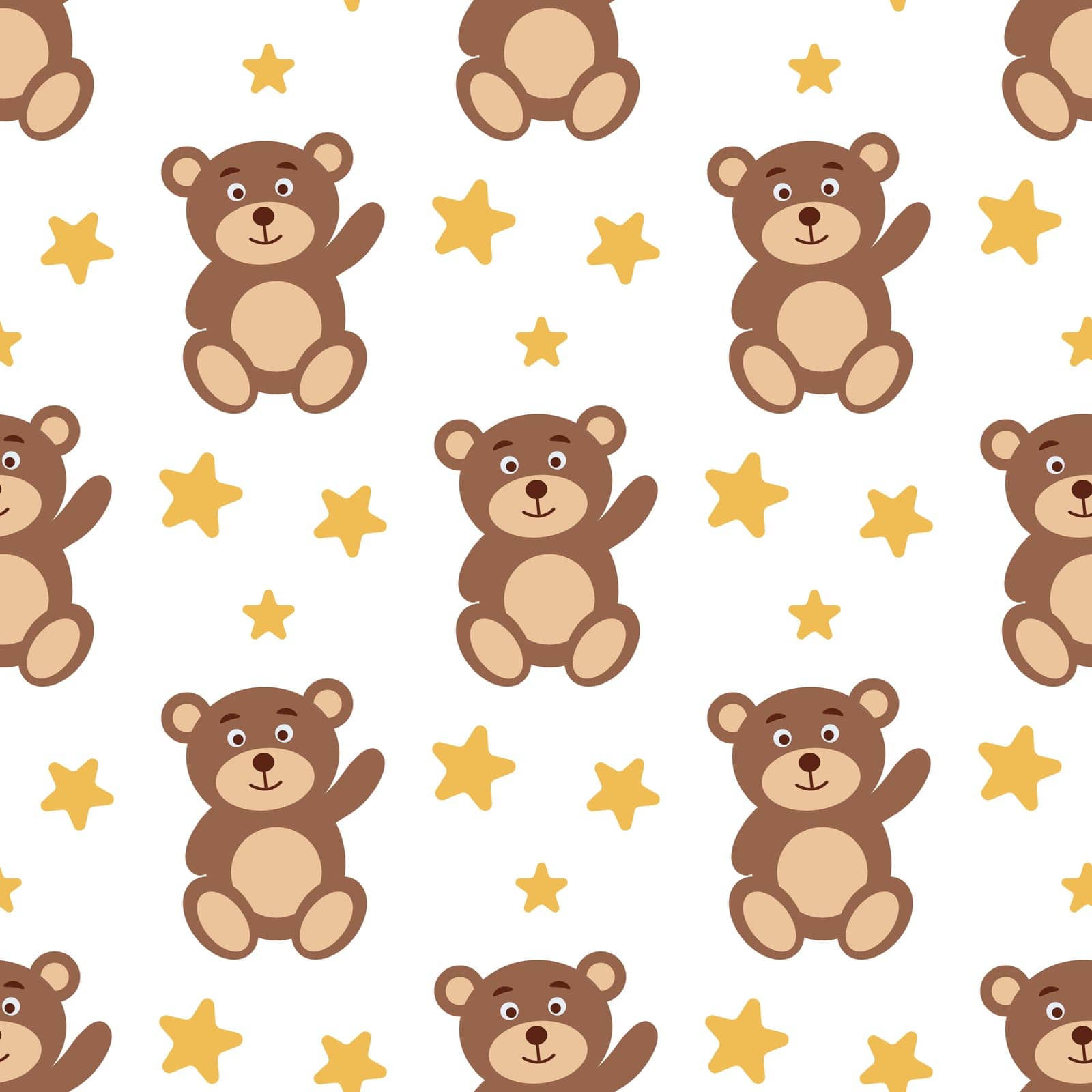Teddy bear waves its paw seamless pattern. Cute background with toy bear and stars. Baby print for textile, clothing, fabric, wallpaper, packaging and design, vector illustration