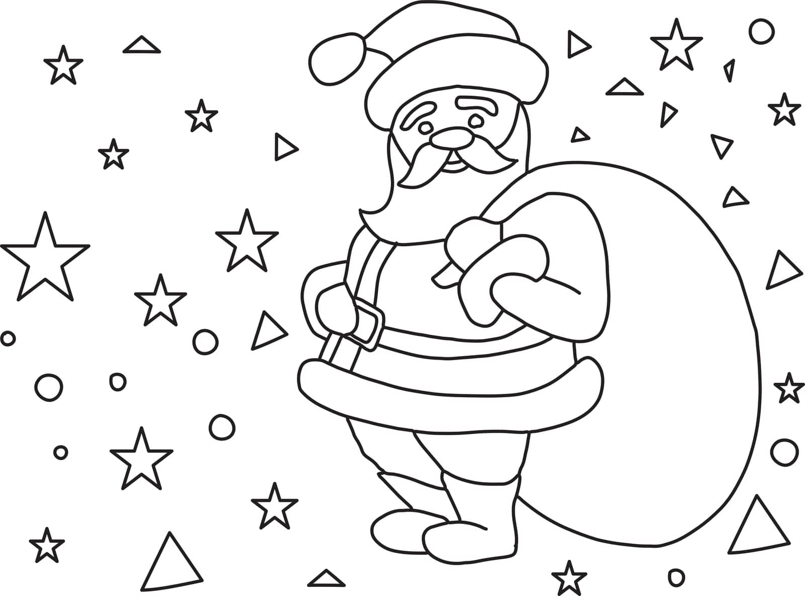 Santa Claus, jolly and round, with a bag full of gifts, brings Christmas cheer to all. For Coloring activity