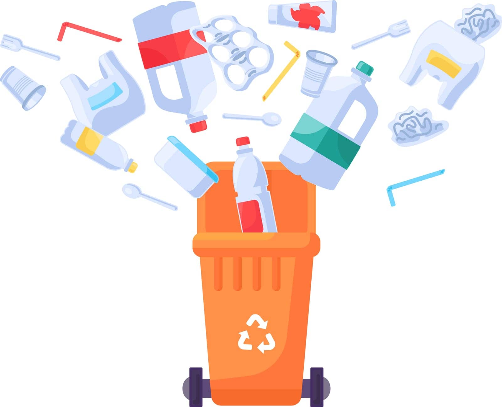 Old unwanted Plastic Items fall into open trash can. Heap of old bottles, packaging, disposable tableware. Plastic pollution problem. Cartoon isolated vector isolated on white background