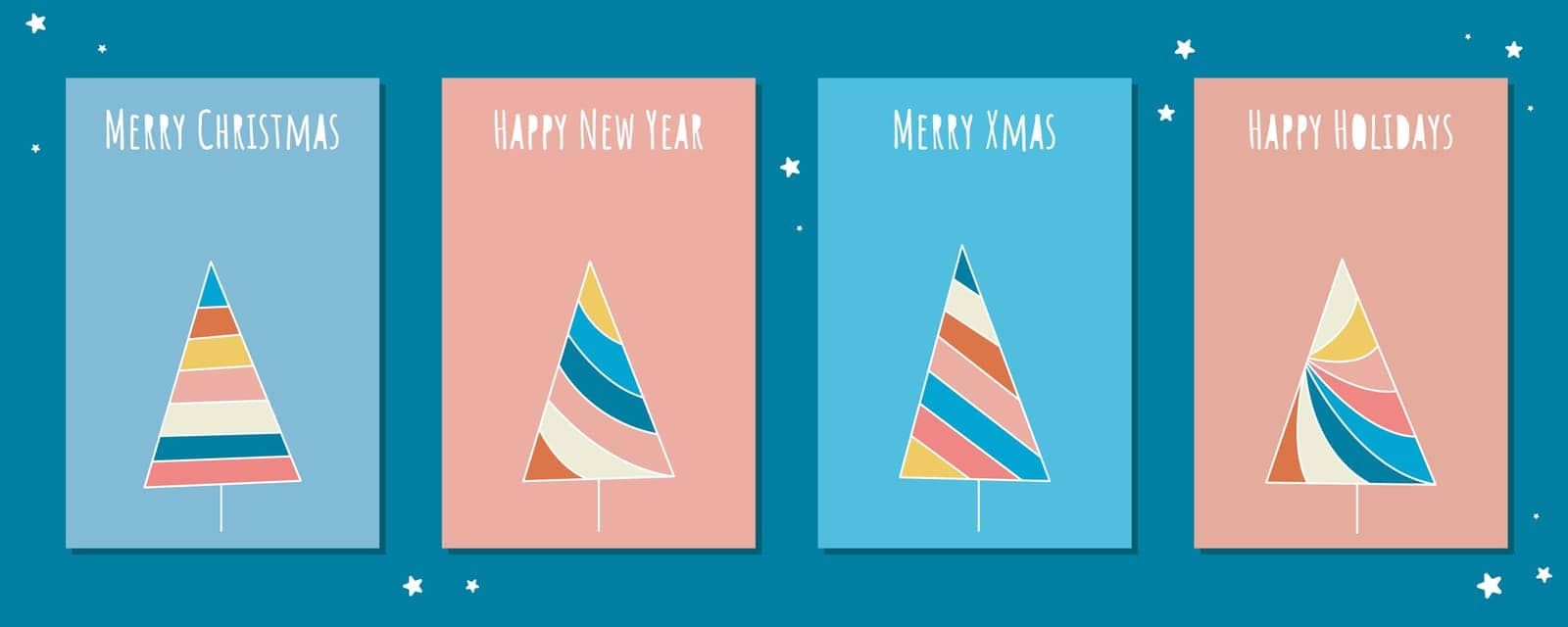 Festive Christmas cards set. Cute cards with modern geometric Christmas trees and lettering. Merry Christmas, Happy New Year, Happy Holidays lettering. Bunch of congratulations, vector illustration