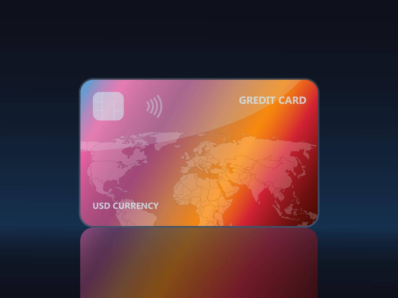 Credit card template. Gradient bright card on a dark background with specular reflection.
