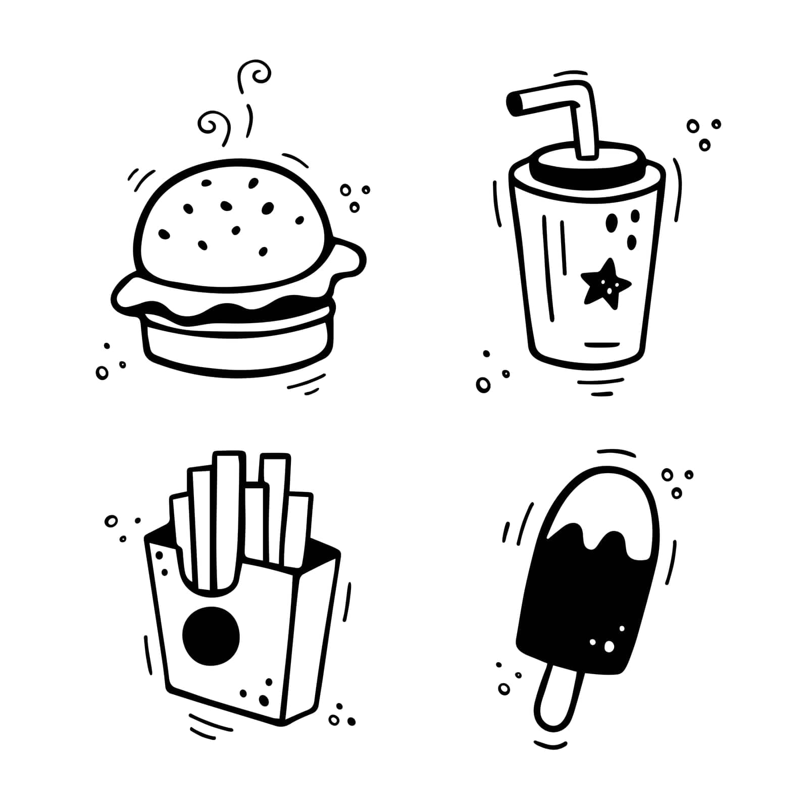Fast food icons set - burger, French fries, paper cup with drink, ice cream. Hand drawn fast food combo. Comic doodle sketch style. Vector illustration