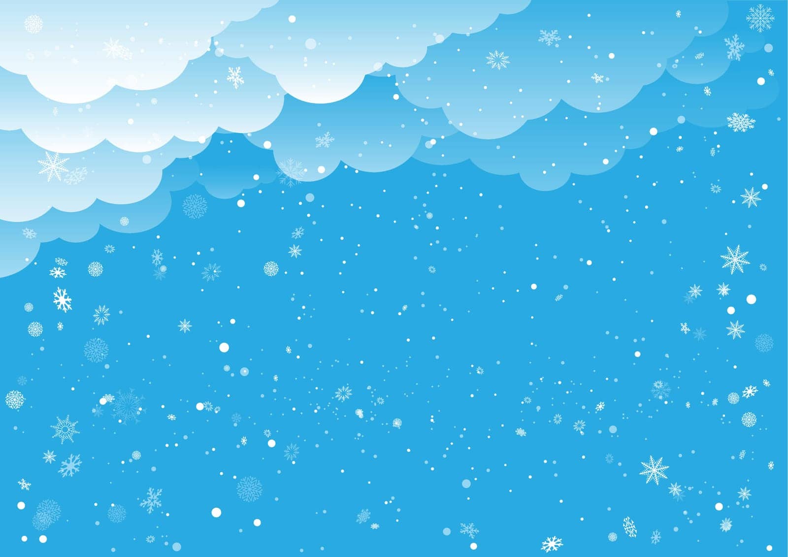Christmas winter snowfall with sky clouds in corner. Holiday snowfall season blue background. Seasonal winter decoration backdrop