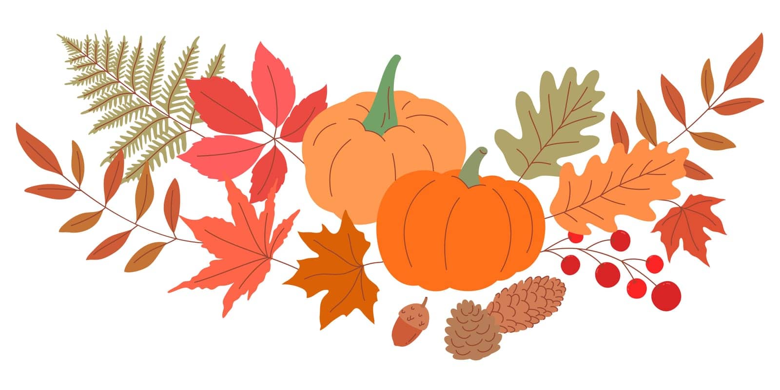 set of autumn seasonal elements decorated as pattern divider flat lined stylised vector illustration