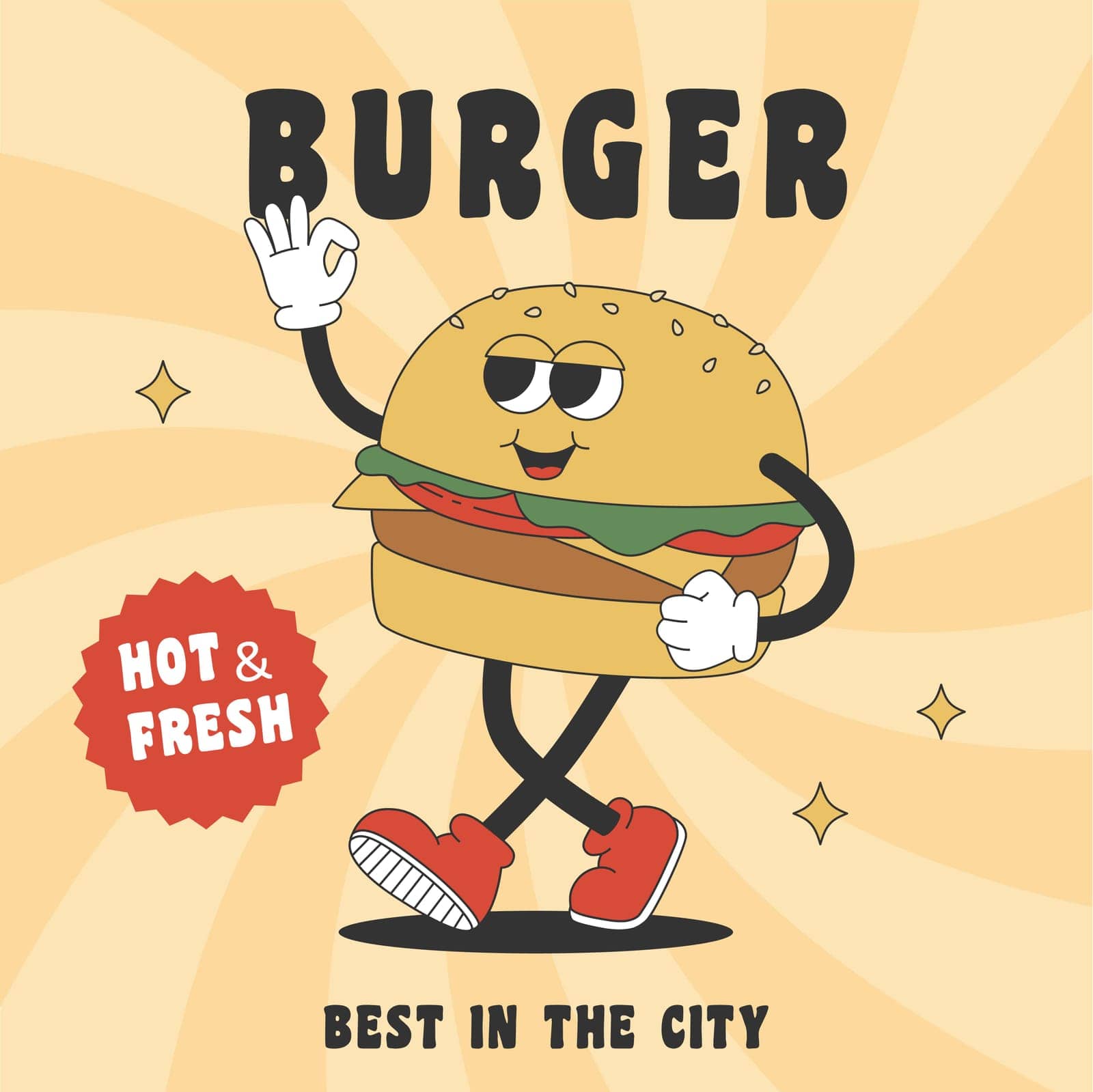 Trendy poster with groovy hippie burger. Cartoon character in trendy retro style. by Yarynabo