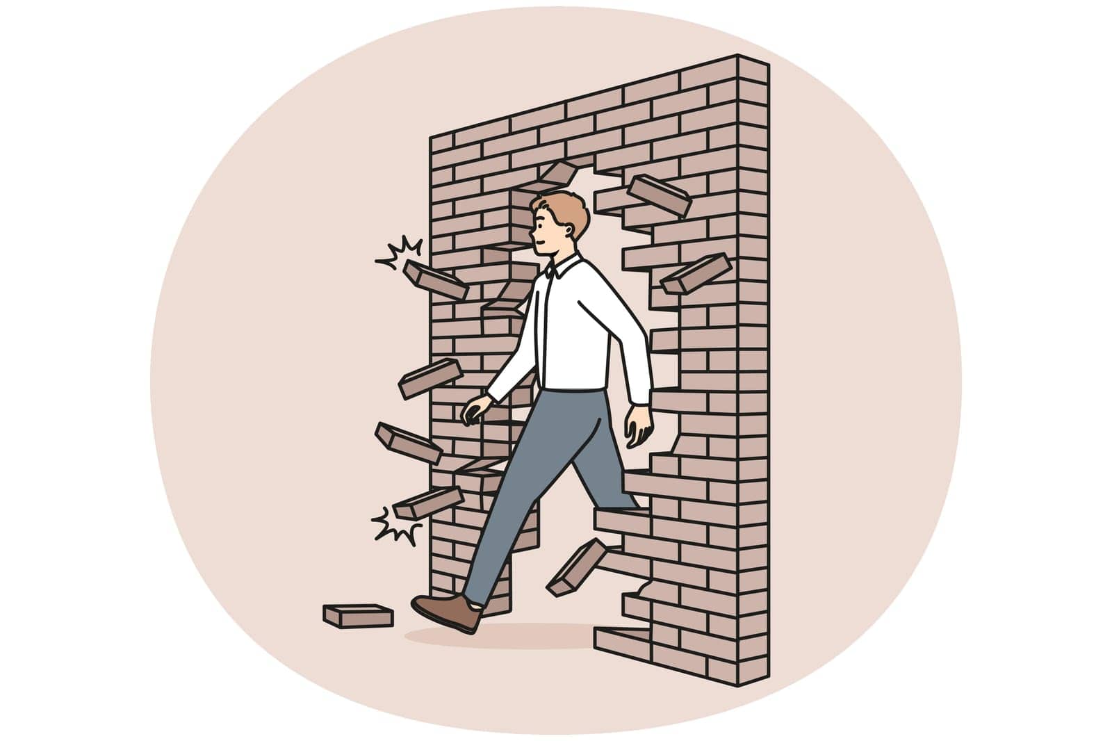 Confident businessman walk through crashed brick wall achieve business success or achievement. Motivated male employee break crash wall go for goal accomplishment. Vector illustration.