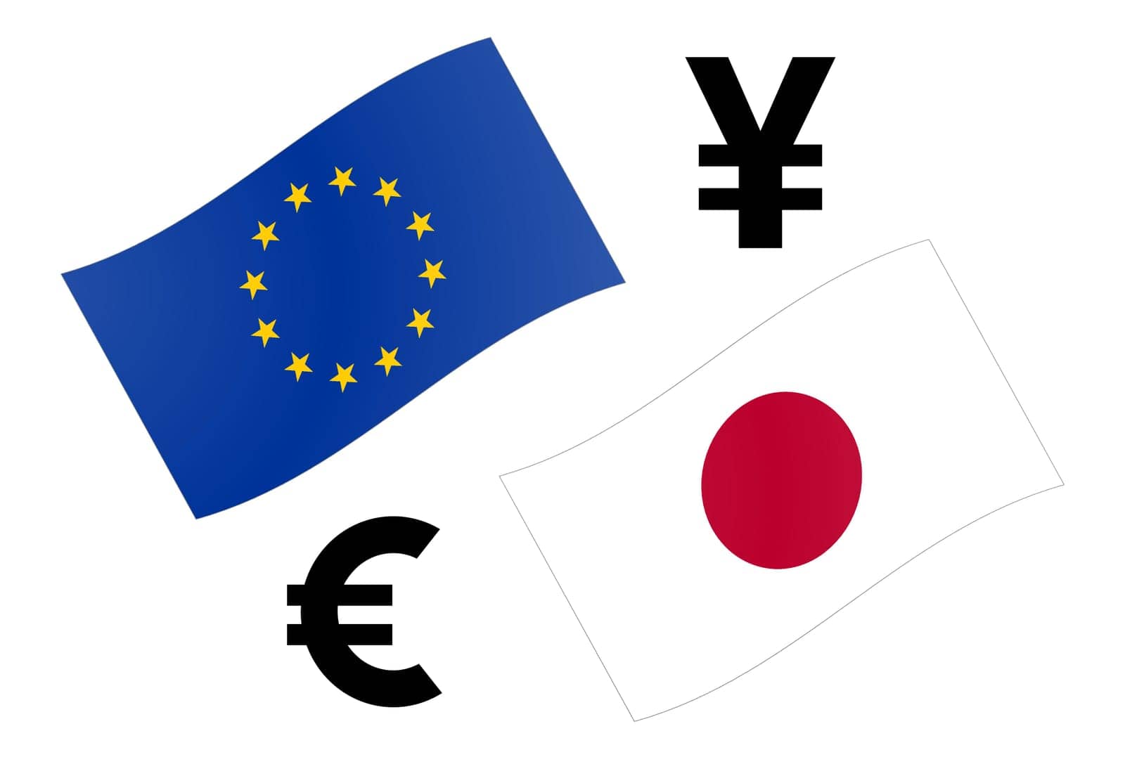 EURJPY forex currency pair vector illustration. EU and Japanese flag, with Euro and Yen symbol.