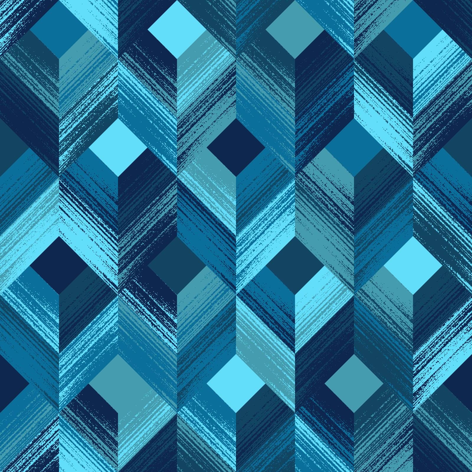 Abstract Geometric Seamless Pattern of Textured Squares and Chevrons Chaotically Colored in Blue Cyan. Fashionable Design for Wallpapers, Wrappings, Products