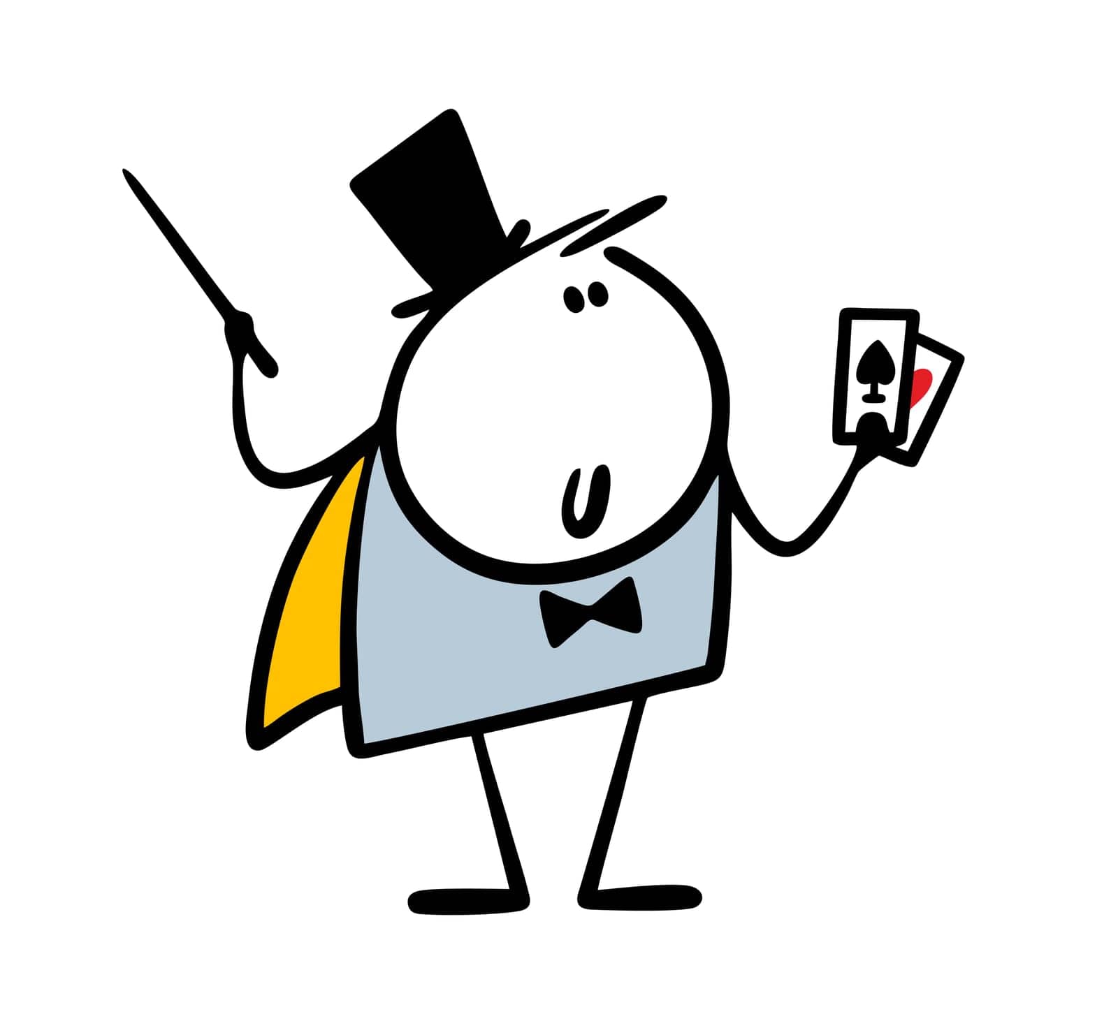 Magician stickman on stage in the theater shows an unusual trick with playing cards. Vector illustration of a man in a circus gives a performance with a magic wand. by panova