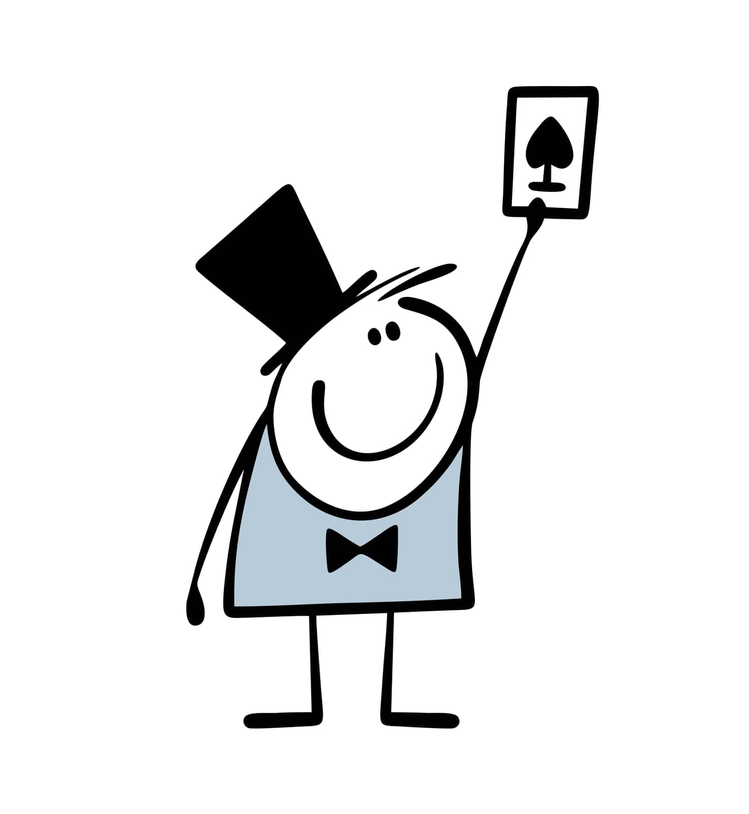 Cheerful clever magician shows a trick with playing cards holding the ace of spades in hand. Vector illustration of artist at performance in theater. Isolated cartoon character on white background.