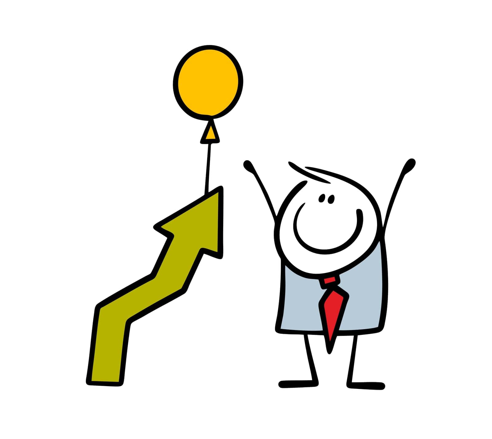 Businessman raised his hands in delight, looks at profit chart and rejoices in fake success. Vector illustration of arrow rising up with an inflatable ball. Deception. by panova
