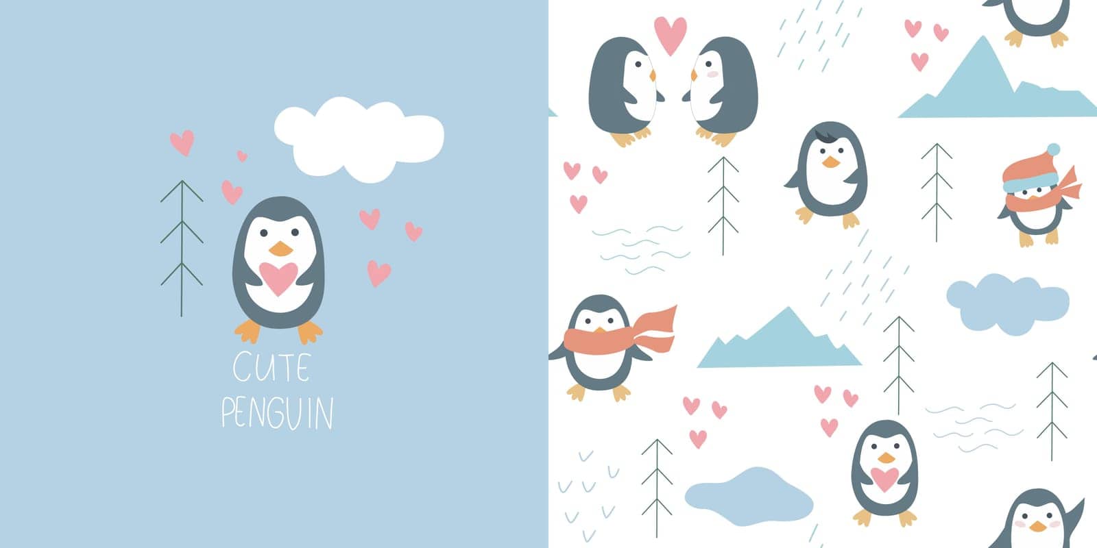 Cute penguins of Antarctica seamless pattern. Funny baby characters background and postcard. Hand drawn northern birds among the ice floes and the ocean. Print for kid textiles, wallpaper, packaging and design, vector illustration
