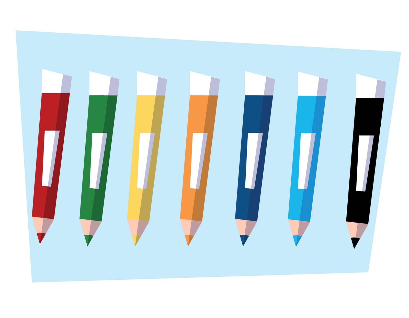 colored pencils, vector graphics flat style, simple drawing, red yellow, blue, yellow, orange, cyan pencil. School office