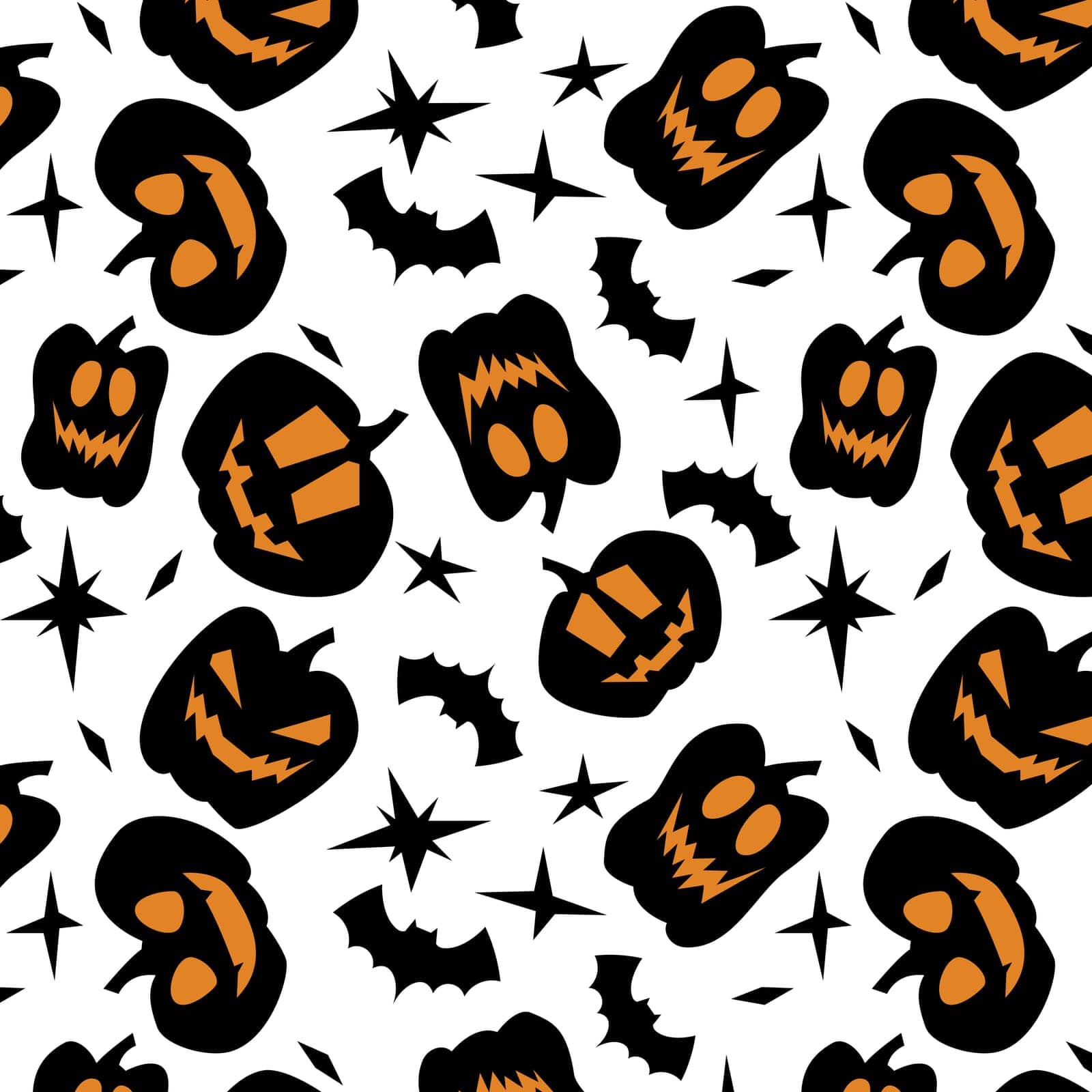 vector illustration of seamless pattern of pumpkins and bats and stars on white background, flat style, Halloween holiday, gift wrapping paper