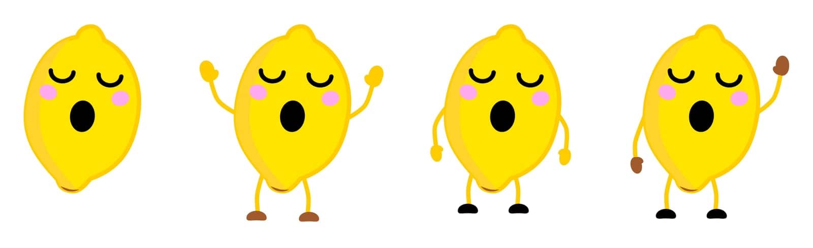 Cute kawaii style lemon fruit, eyes closed, mouth opened. Version with hands raised, down and waving. by Ivanko