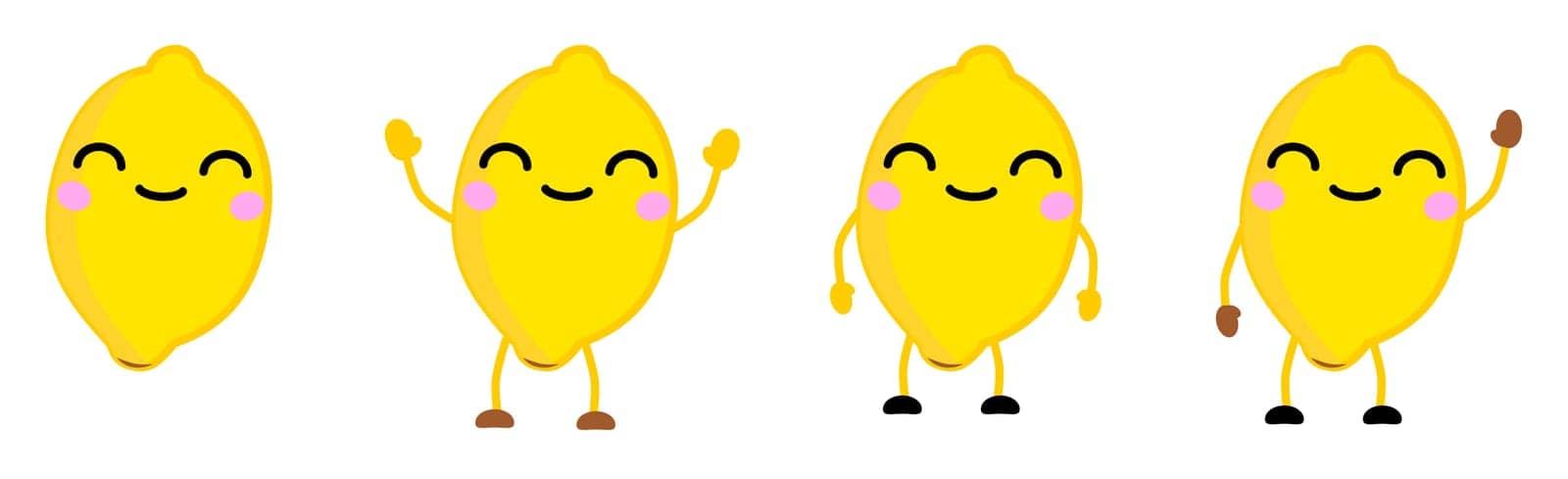 Cute kawaii style lemon fruit, eyes closed, smiling. Version with hands raised, down and waving. by Ivanko