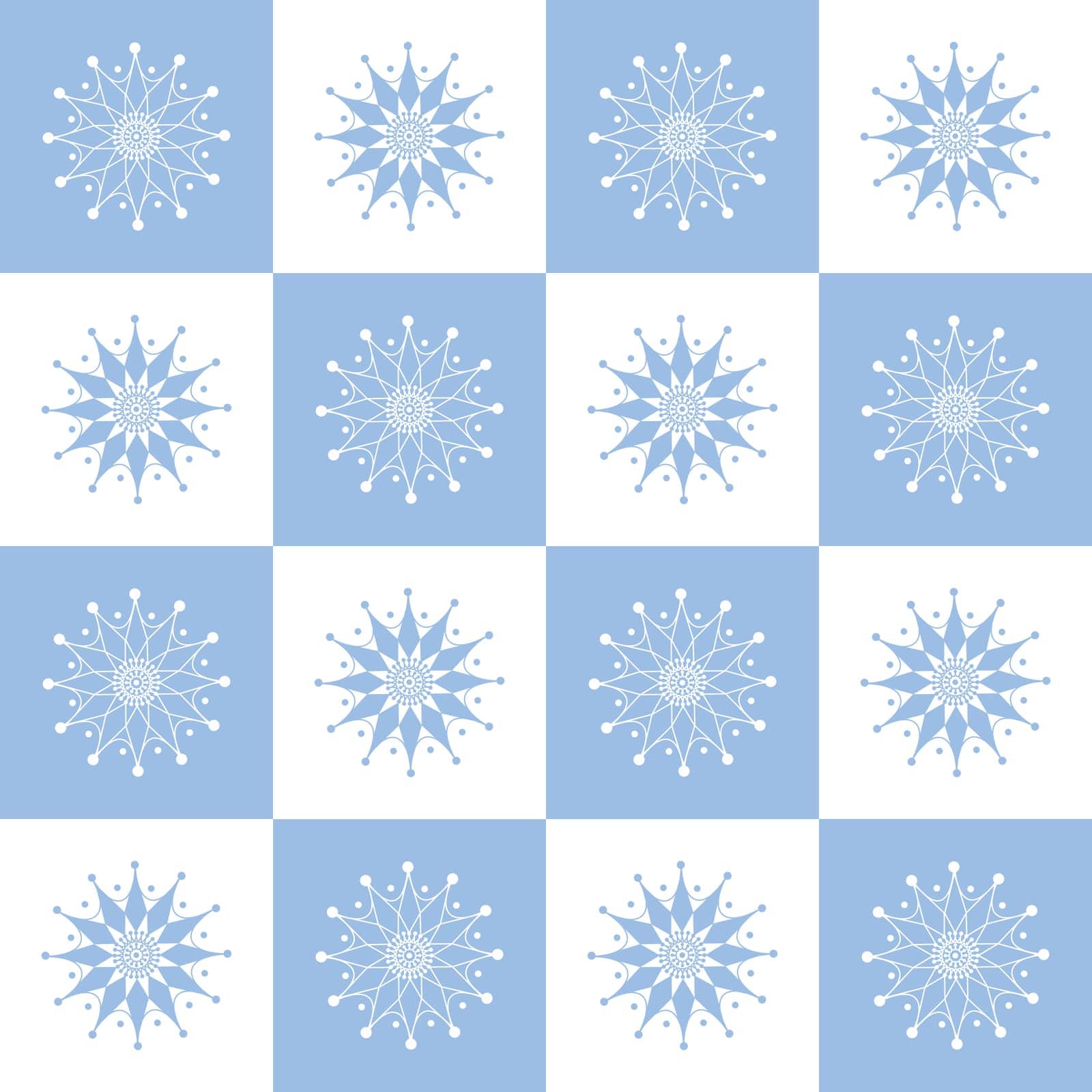 Snowflakes in diamonds pattern. Seamless pattern with the image of snowflakes arranged in geometric shapes. Winter Christmas snow pattern on a blue background. Vector.