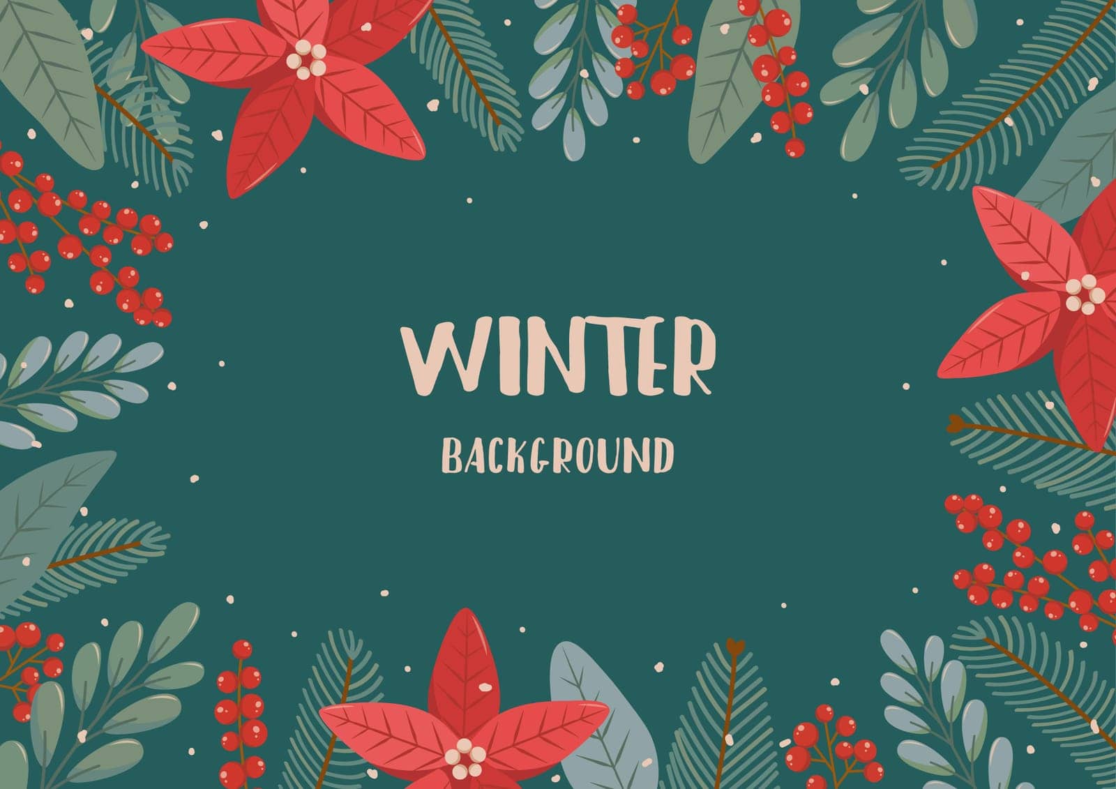 Winter rectangular festive banner on green background with text Winter background in flat vector style. Hand drawn christmas tree branches, poinsettia, berries. Holiday seasonal floral decoration.
