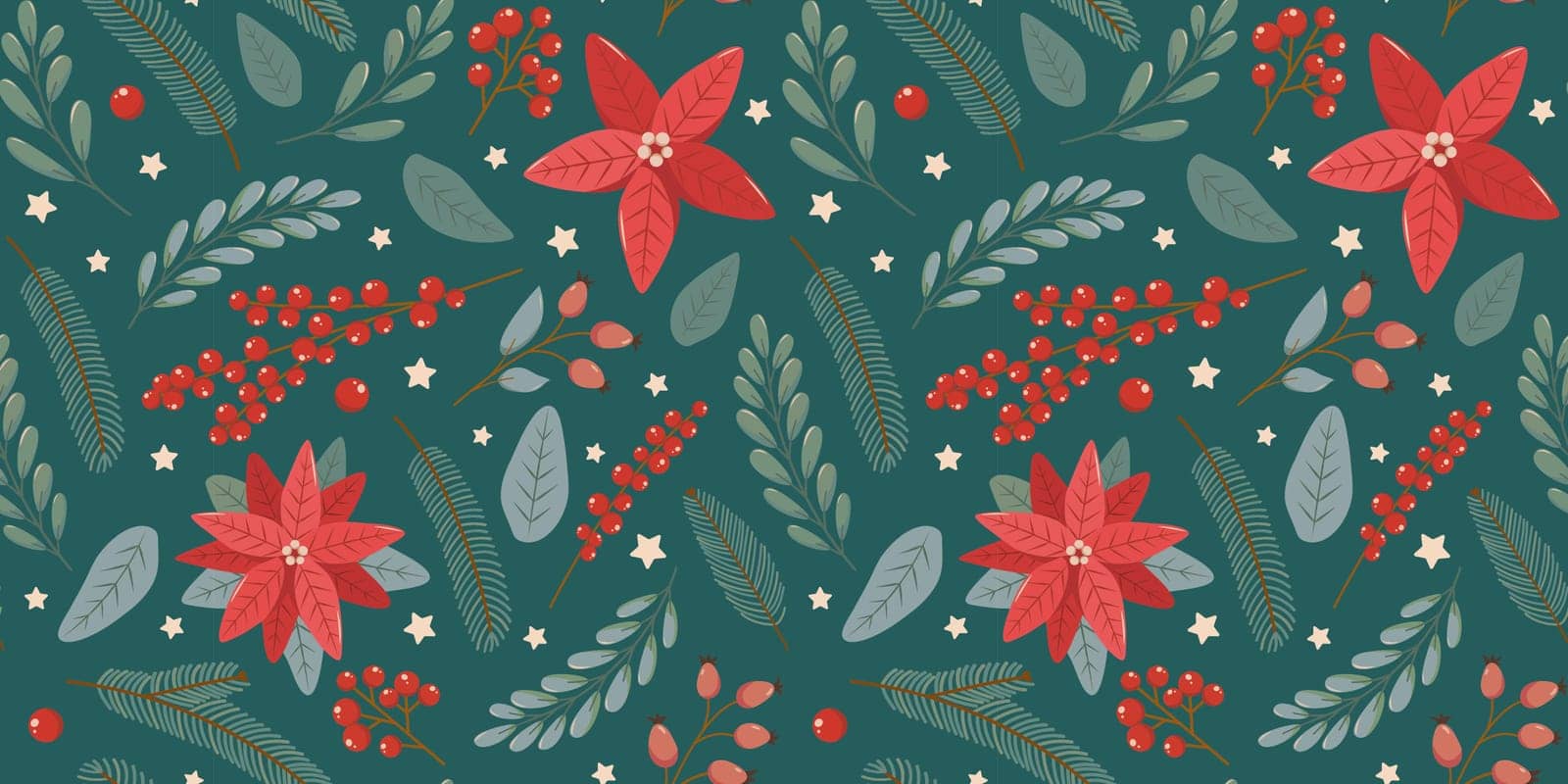 Winter rectangular seamless pattern on green background with hand drawn christmas tree branches, poinsettia, berries and leaves in flat vector style. Holiday seasonal floral decoration.