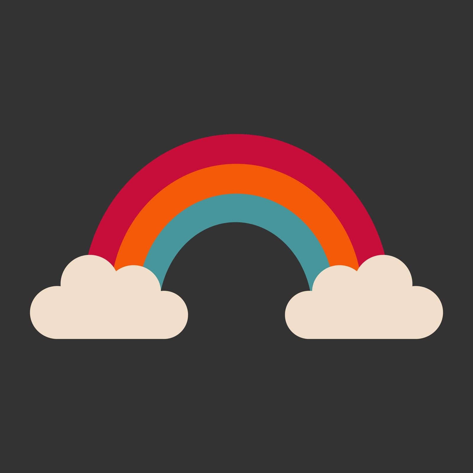 Illustration of a rainbow and two clouds. Dark tones. Vector image.