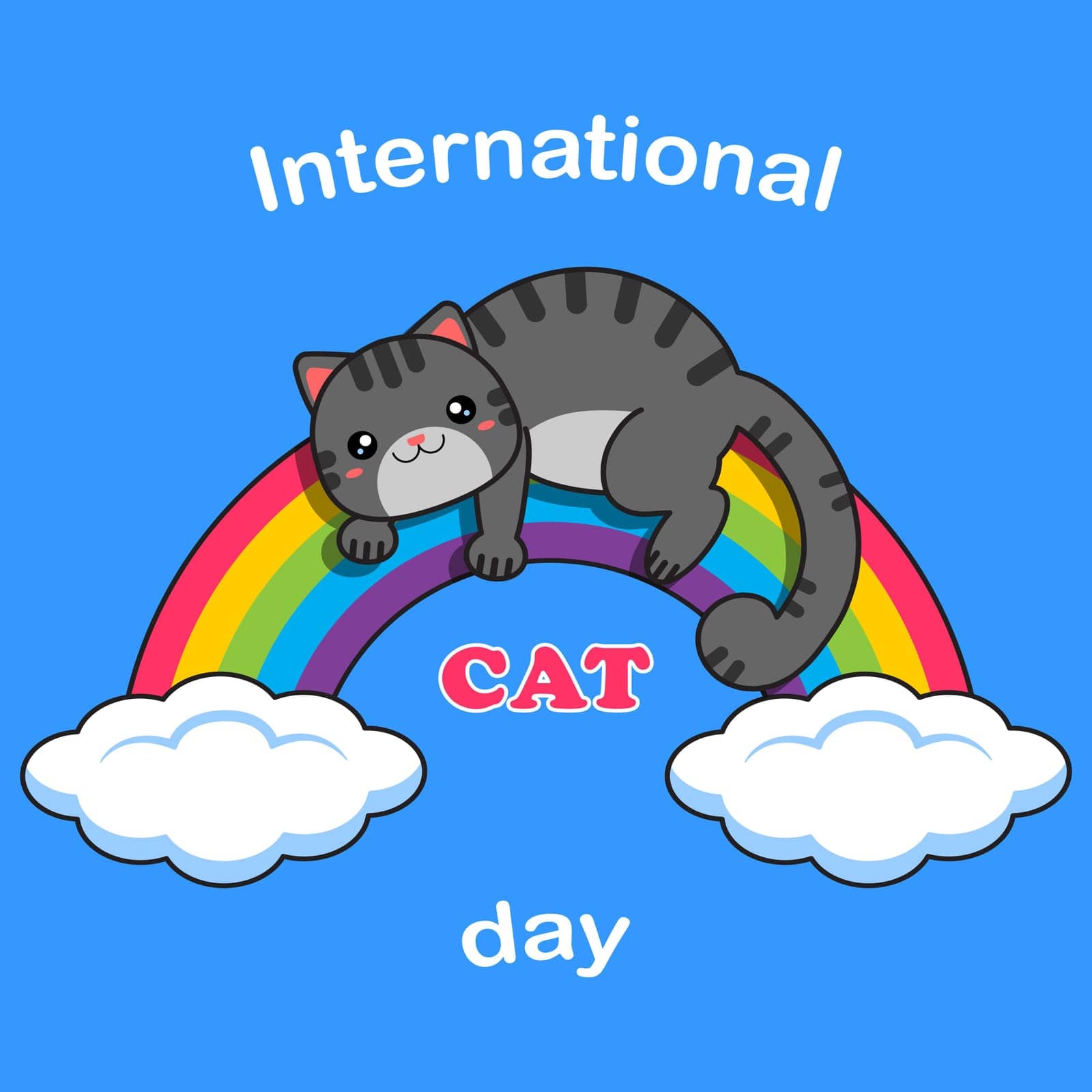 Happy international cat day. The gray cat lies on the rainbow. Vector illustration