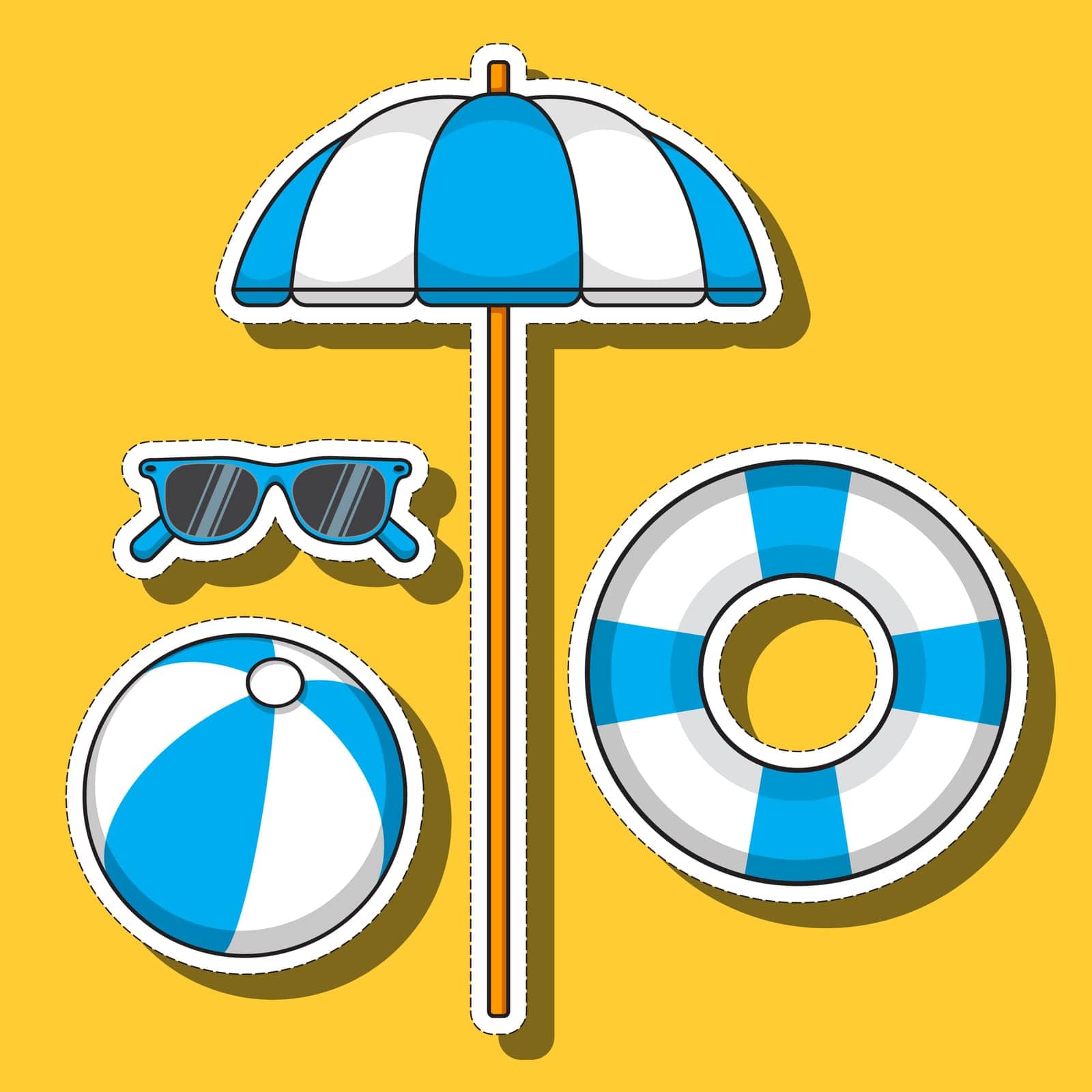 Cartoon sticker set. Beach umbrella, sunglasses, beach ball and life buoy, blue and white striped, on a yellow background. Vector illustration.