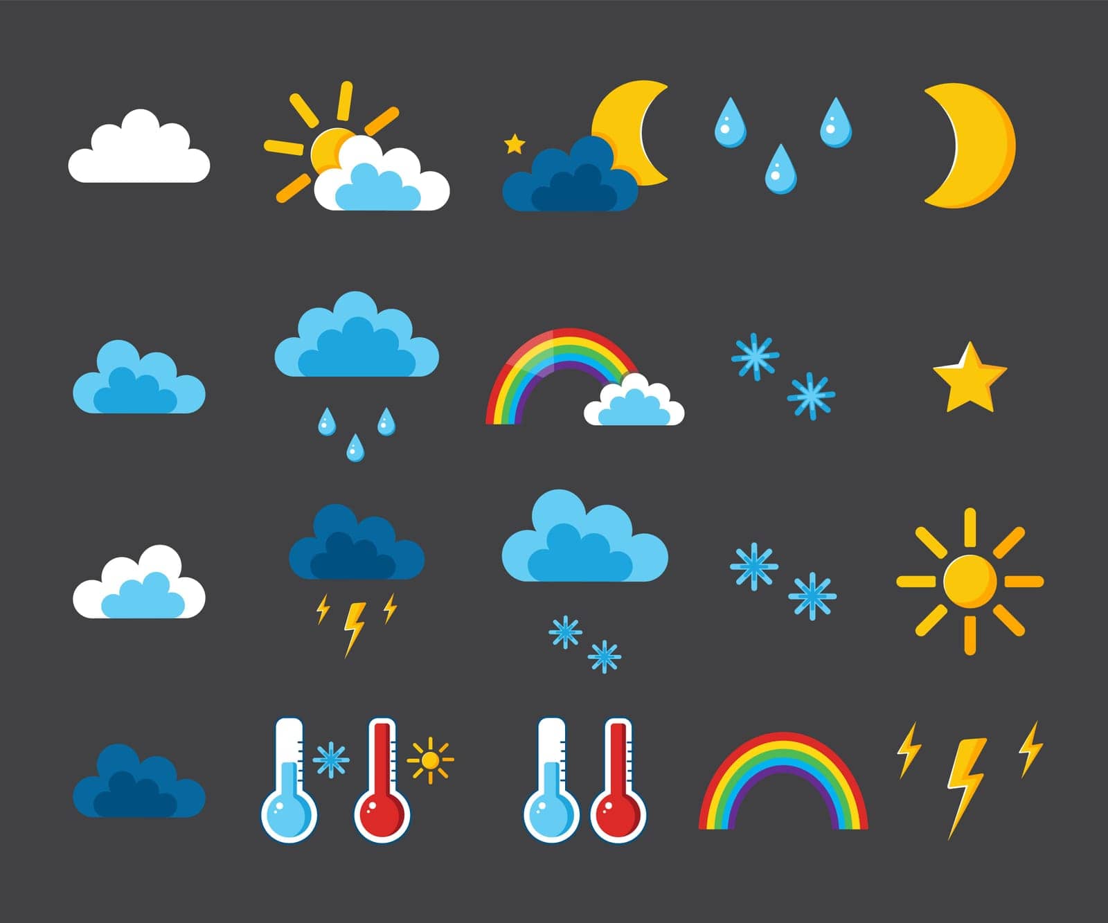 A large set of illustrations for the weather forecast. Vector images, on a dark background, clouds, clouds, rainbows, sun, stars, lightning, moon, snow and rain.