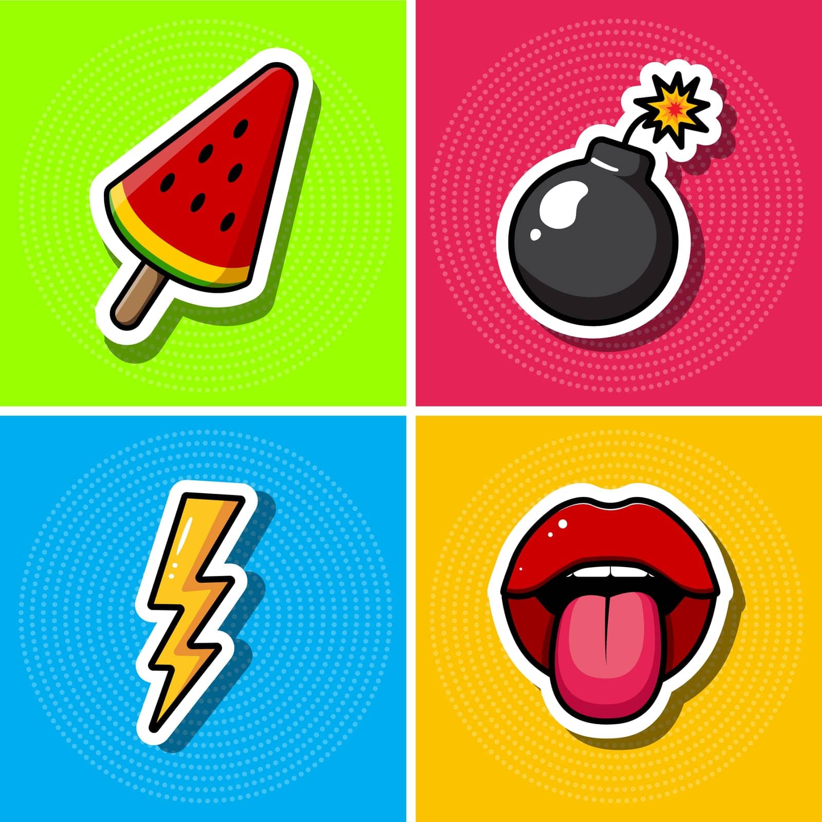 Mini set of stickers in pop art style. And an illustration of red lips, ice cream in a waffle cup, bomb, yellow lightning.